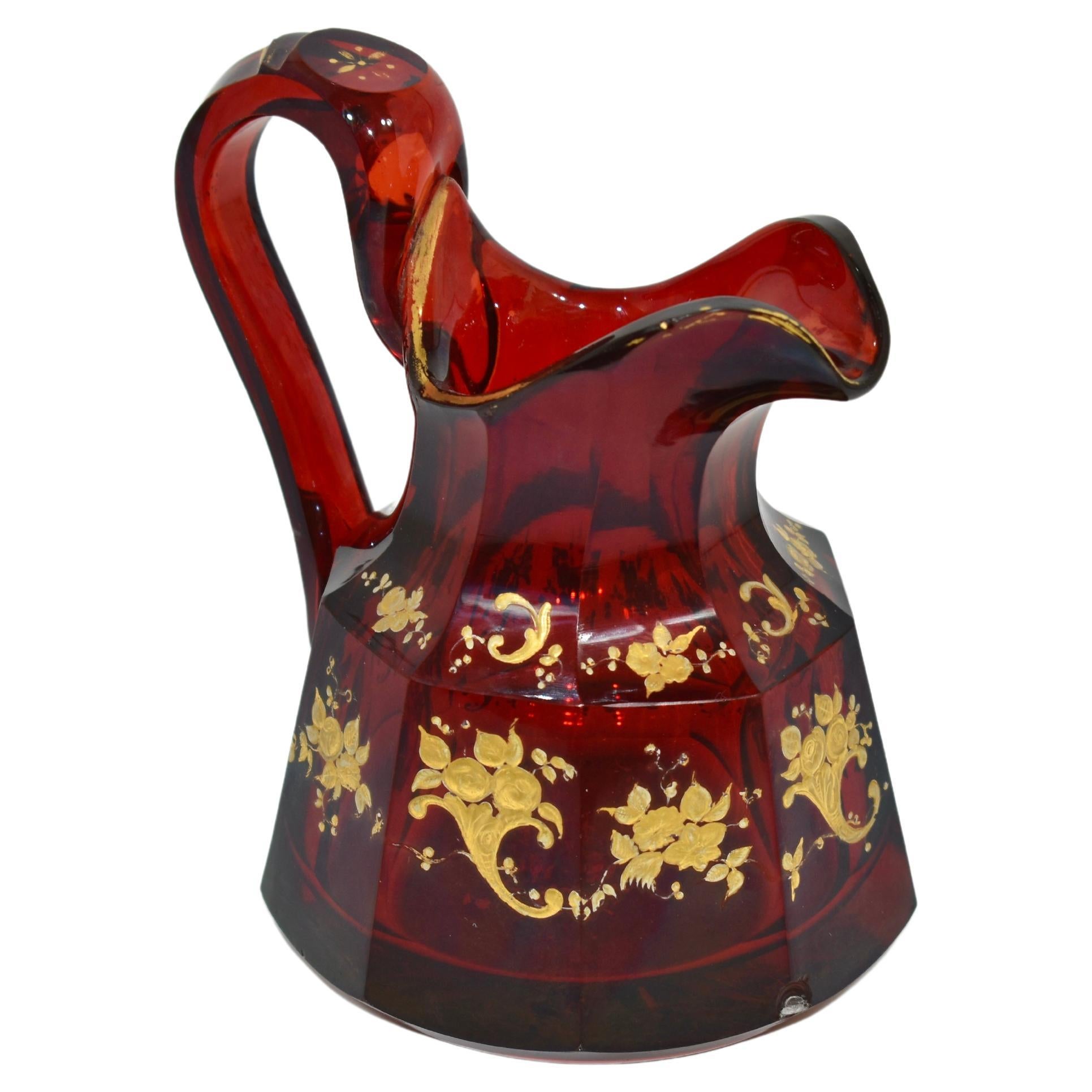 Antique Bohemian Ruby Red Enamelled Glass Jug, Pitcher, 19th Century