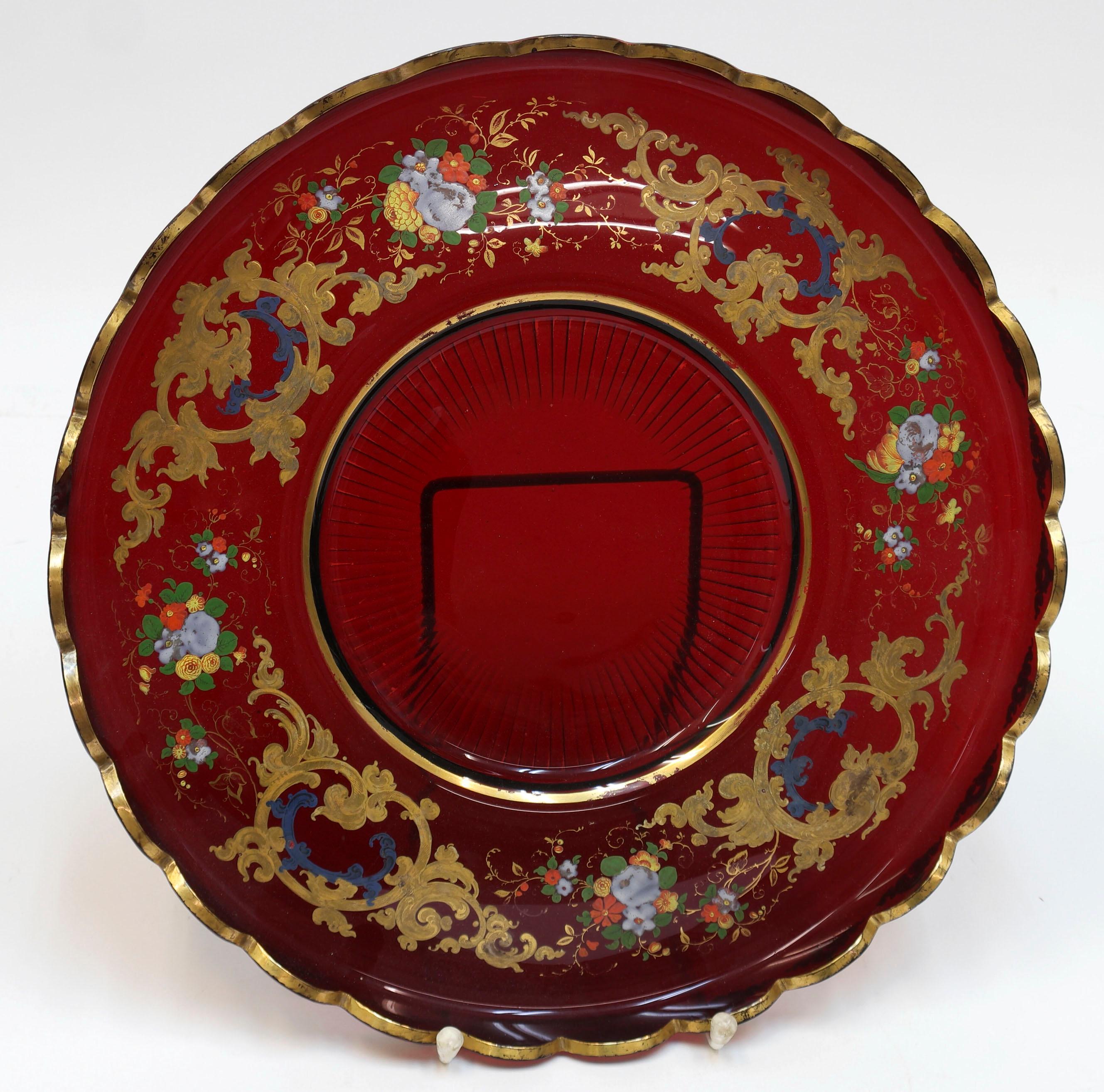 Antique Bohemian Ruby Red Enamelled Glass Punch Bowl, Moser 19th Century 2