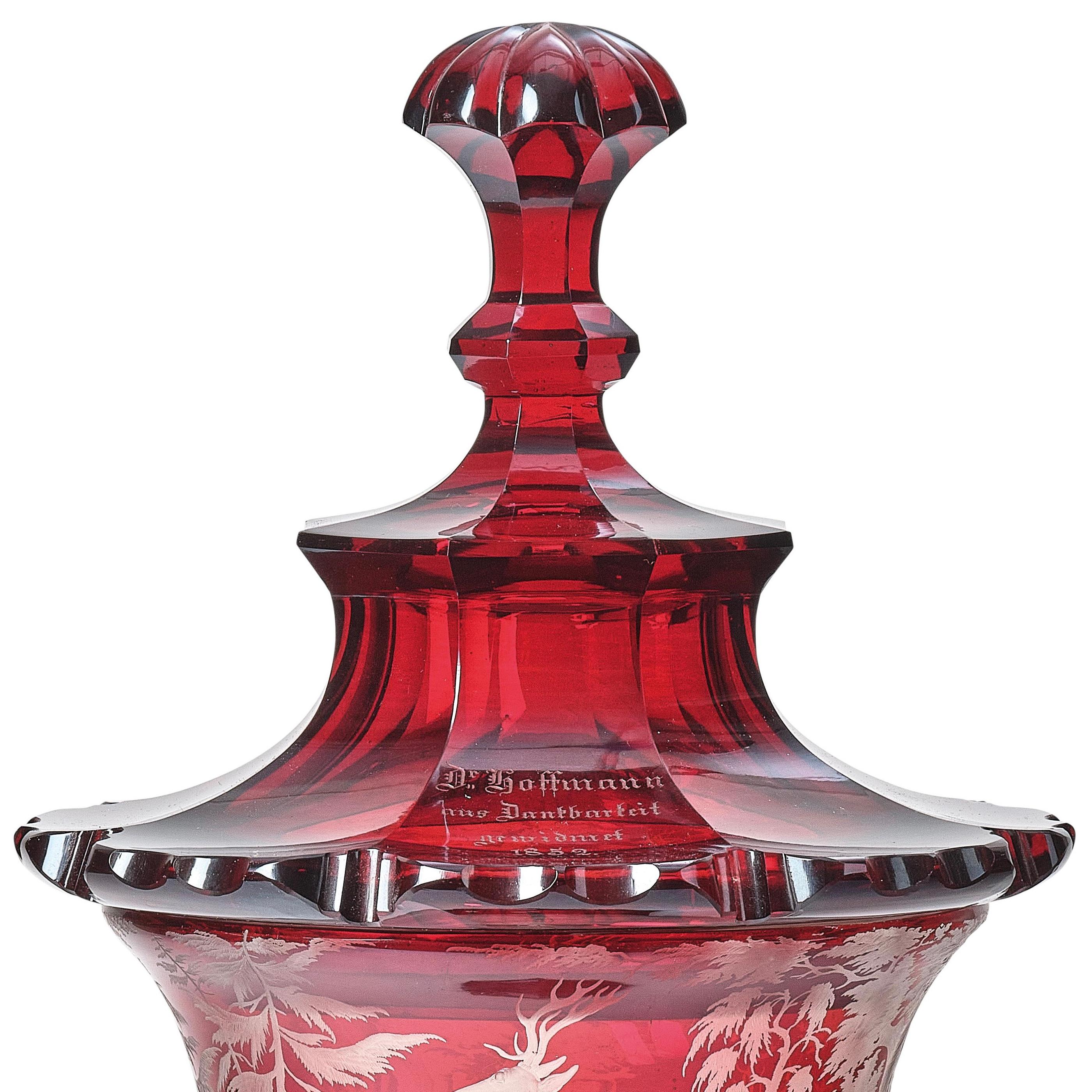 19th Century Antique Bohemian Ruby Red Engraved Glass Goblet, Dated 1852 For Sale