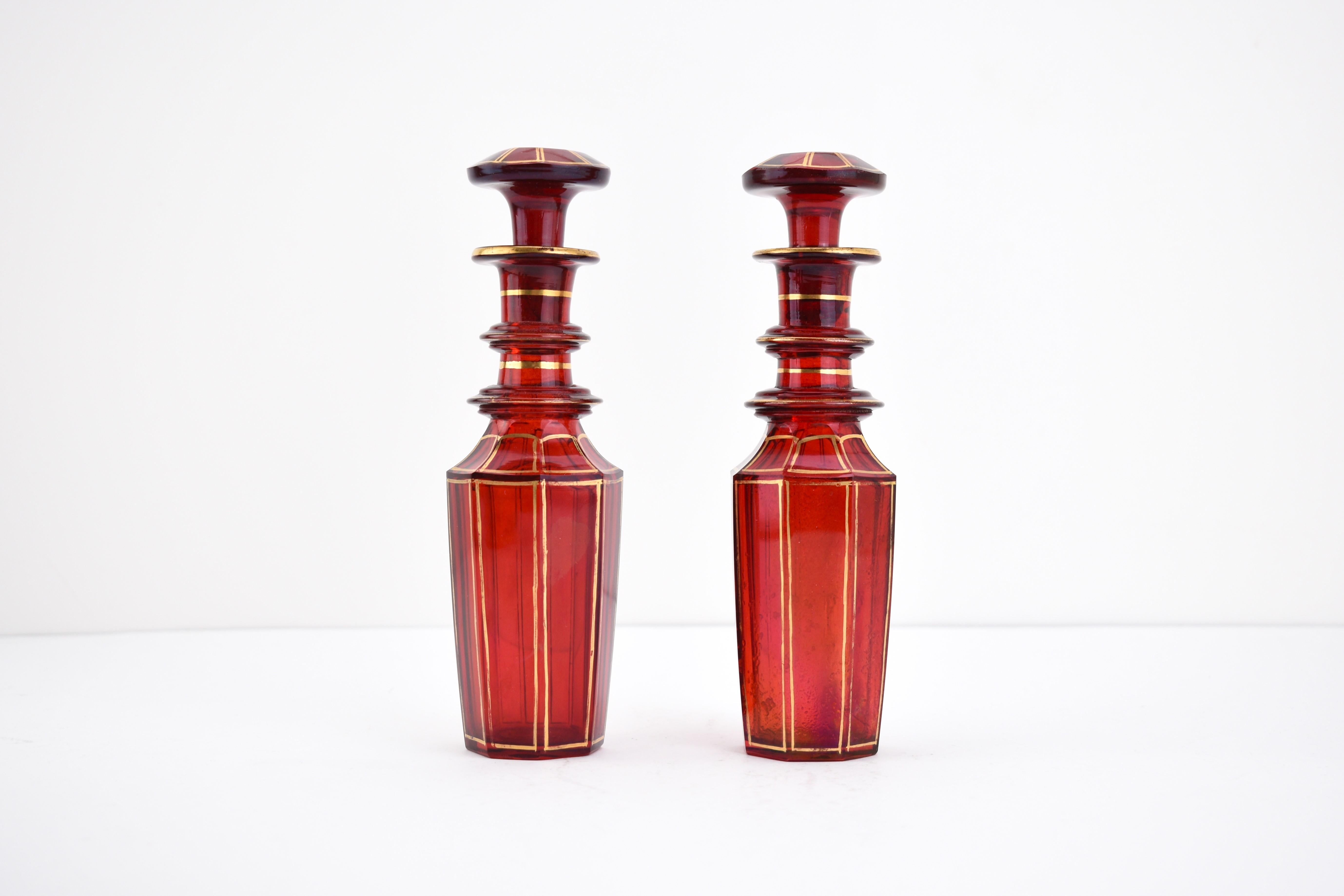 Gilt Antique Bohemian Ruby Red Gilded Crystal Glass Cruet Set, 19th Century For Sale