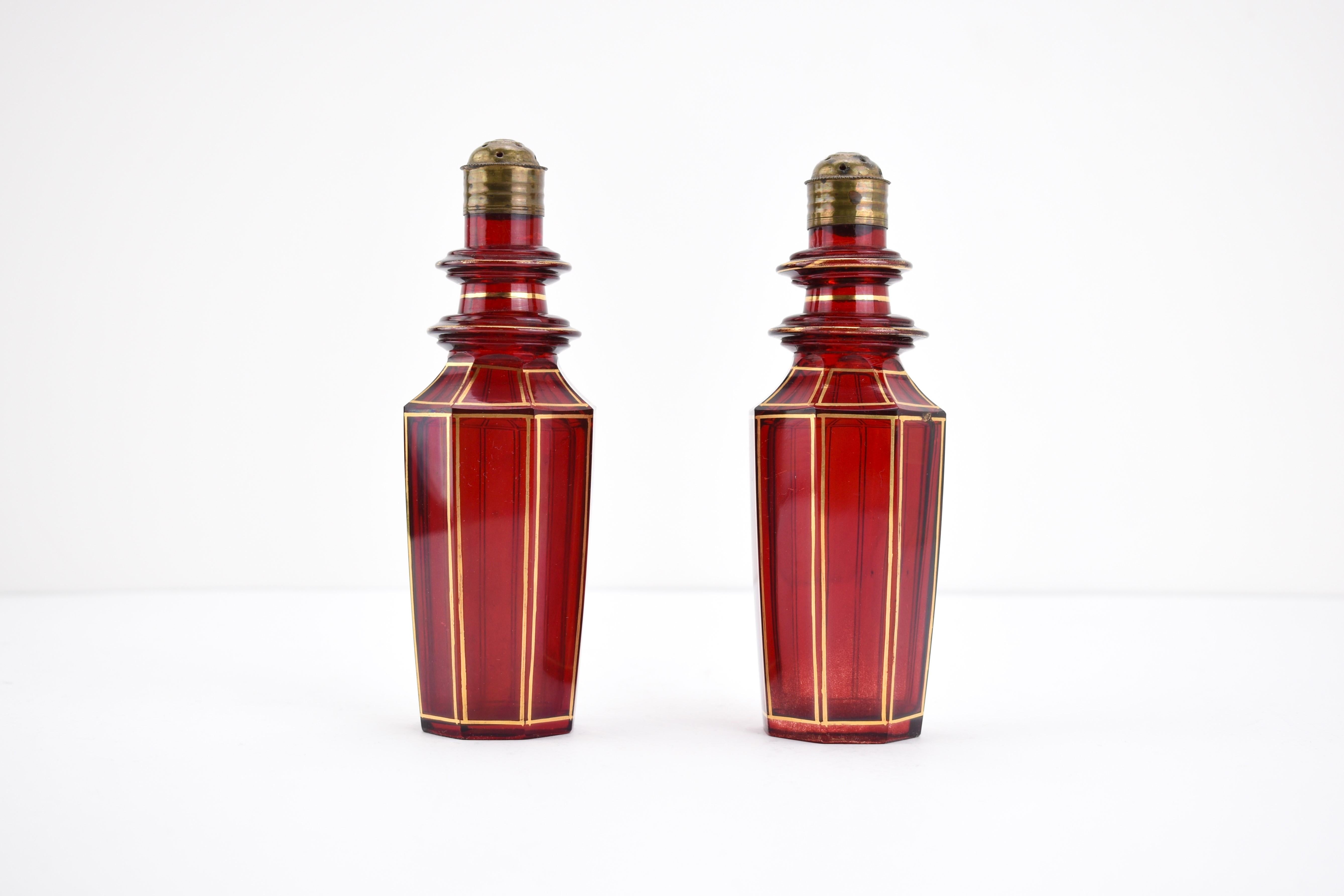 Antique Bohemian Ruby Red Gilded Crystal Glass Cruet Set, 19th Century In Good Condition For Sale In Rostock, MV