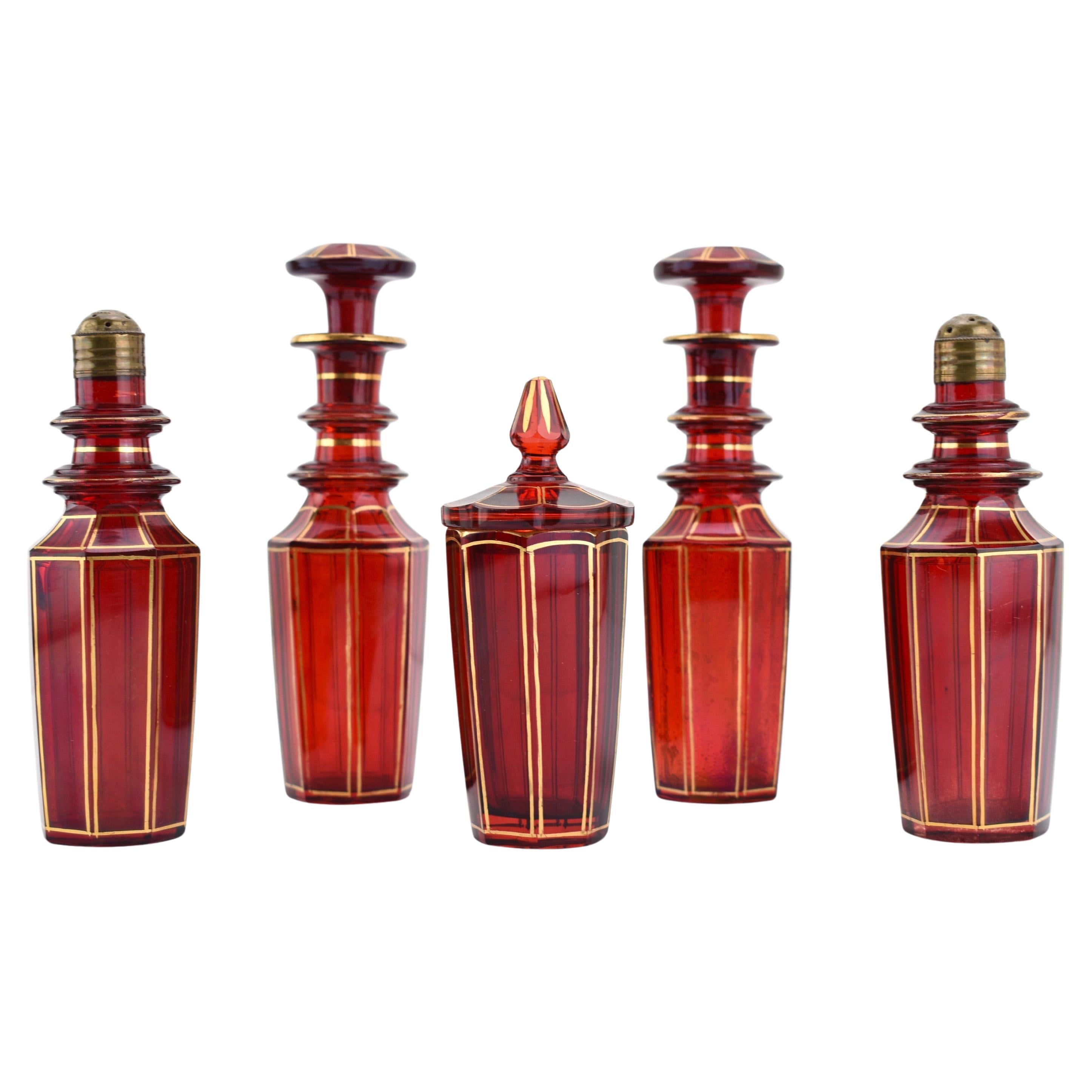 Antique Bohemian Ruby Red Gilded Crystal Glass Cruet Set, 19th Century For Sale