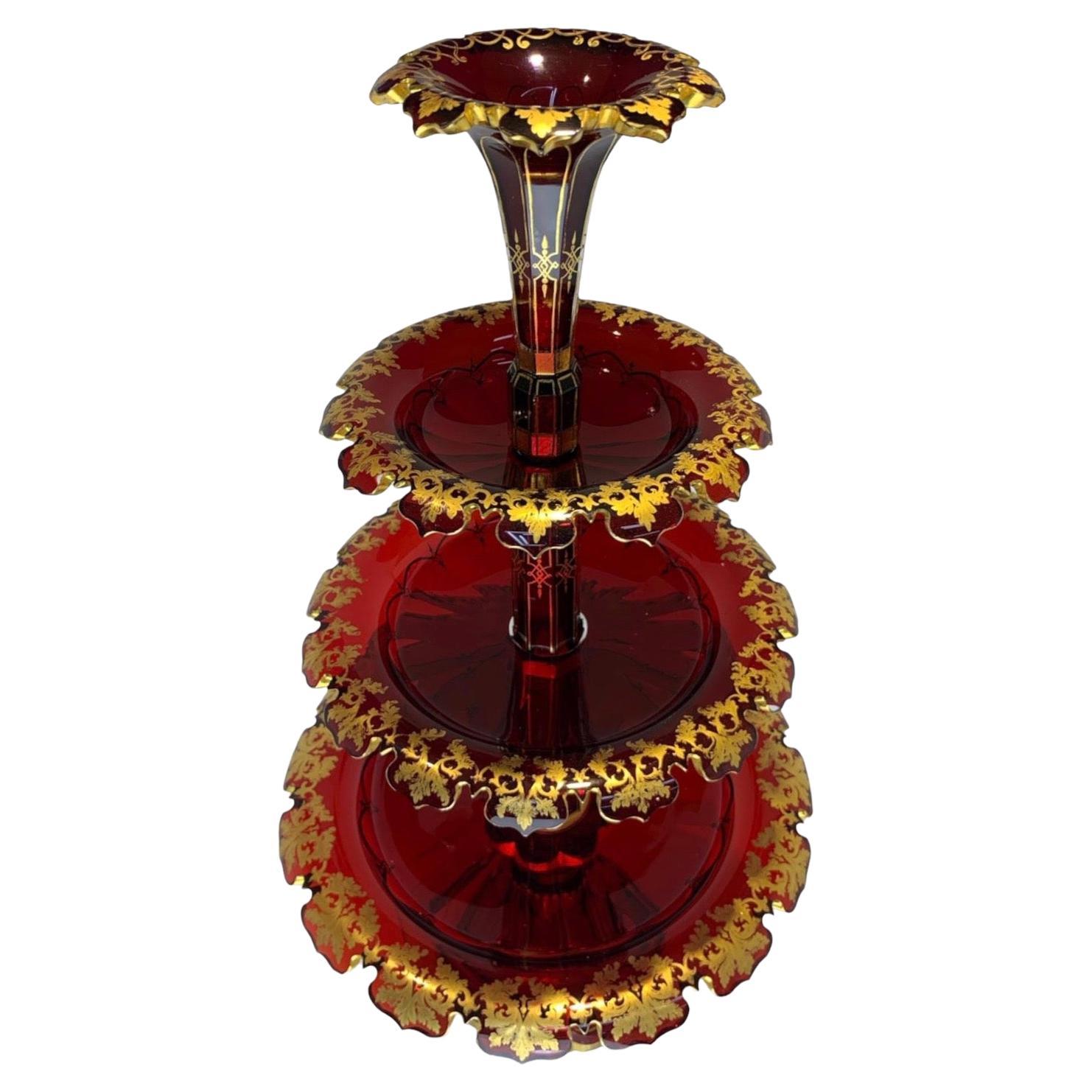 Antique Bohemian Ruby Red Gilded Glass Centrepiece, 19th Century In Good Condition For Sale In Rostock, MV