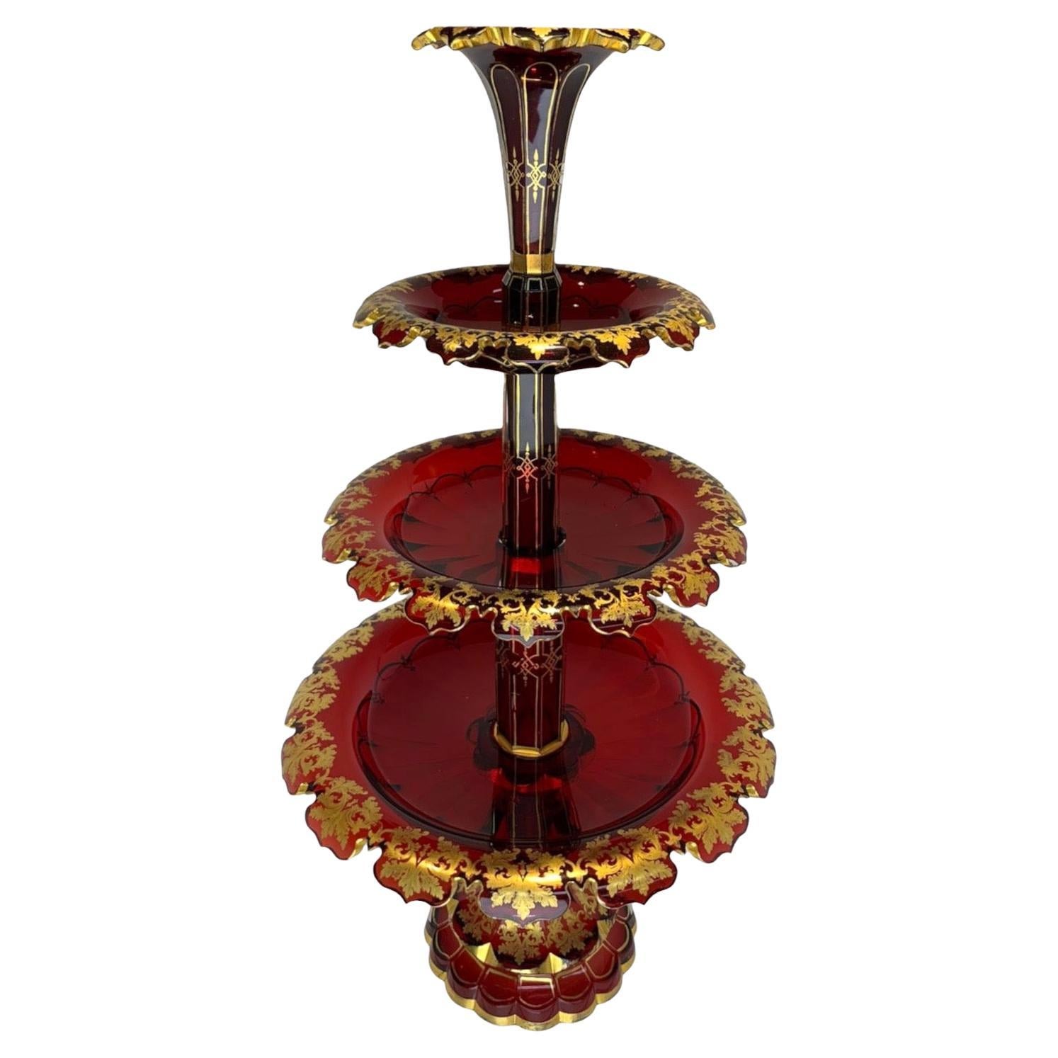 Gilt Antique Bohemian Ruby Red Gilded Glass Centrepiece, 19th Century For Sale