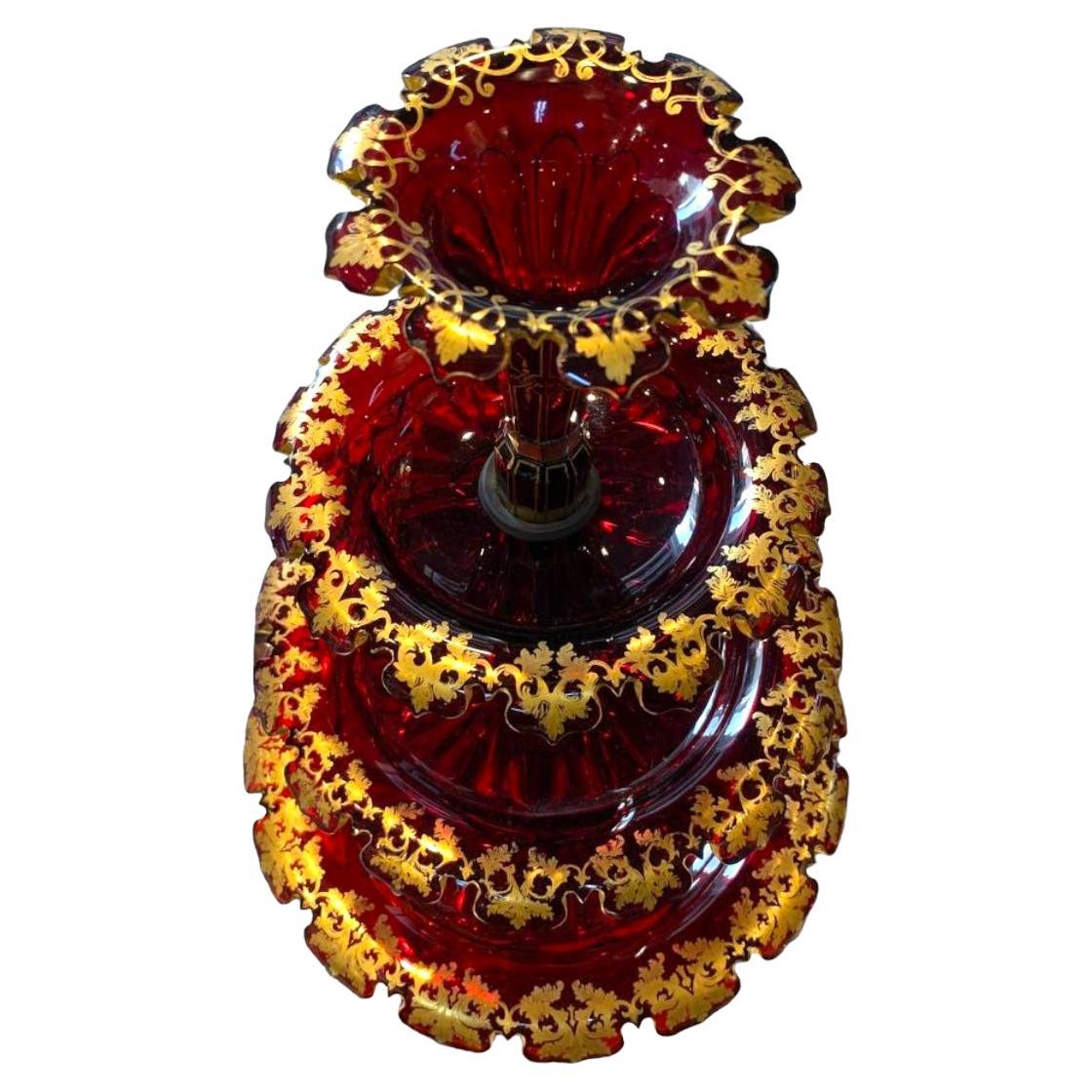 Cut Glass Antique Bohemian Ruby Red Gilded Glass Centrepiece, 19th Century For Sale