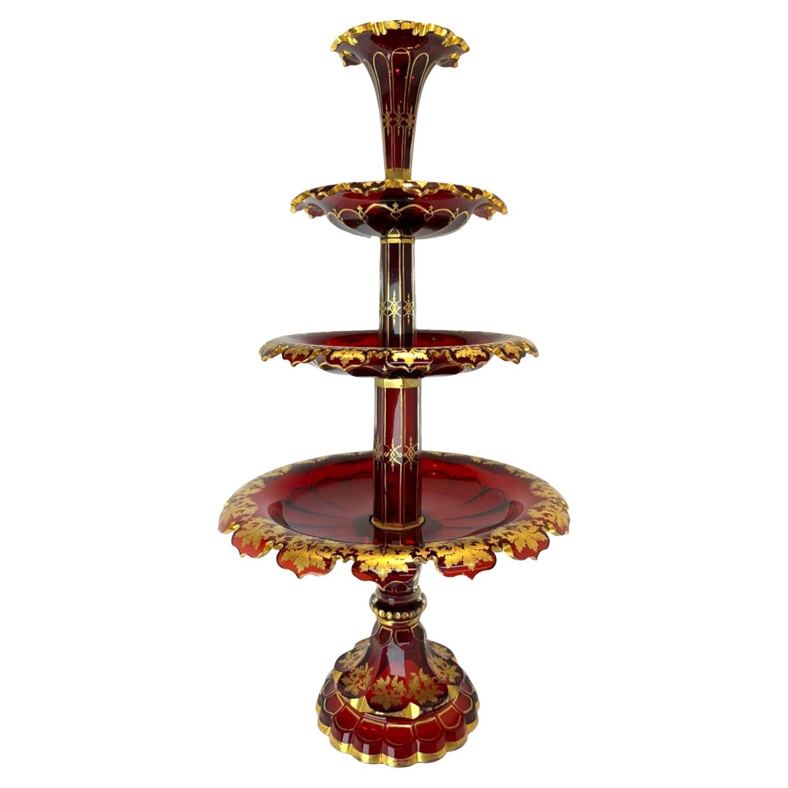 Antique Bohemian Ruby Red Gilded Glass Centrepiece, 19th Century