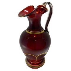 Antique Bohemian Ruby Red Gilded Glass Ewer, Jug, Pitcher, 19th Century