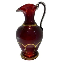 Antique Bohemian Ruby Red Gilded Glass Ewer, Jug, Pitcher, 19th Century