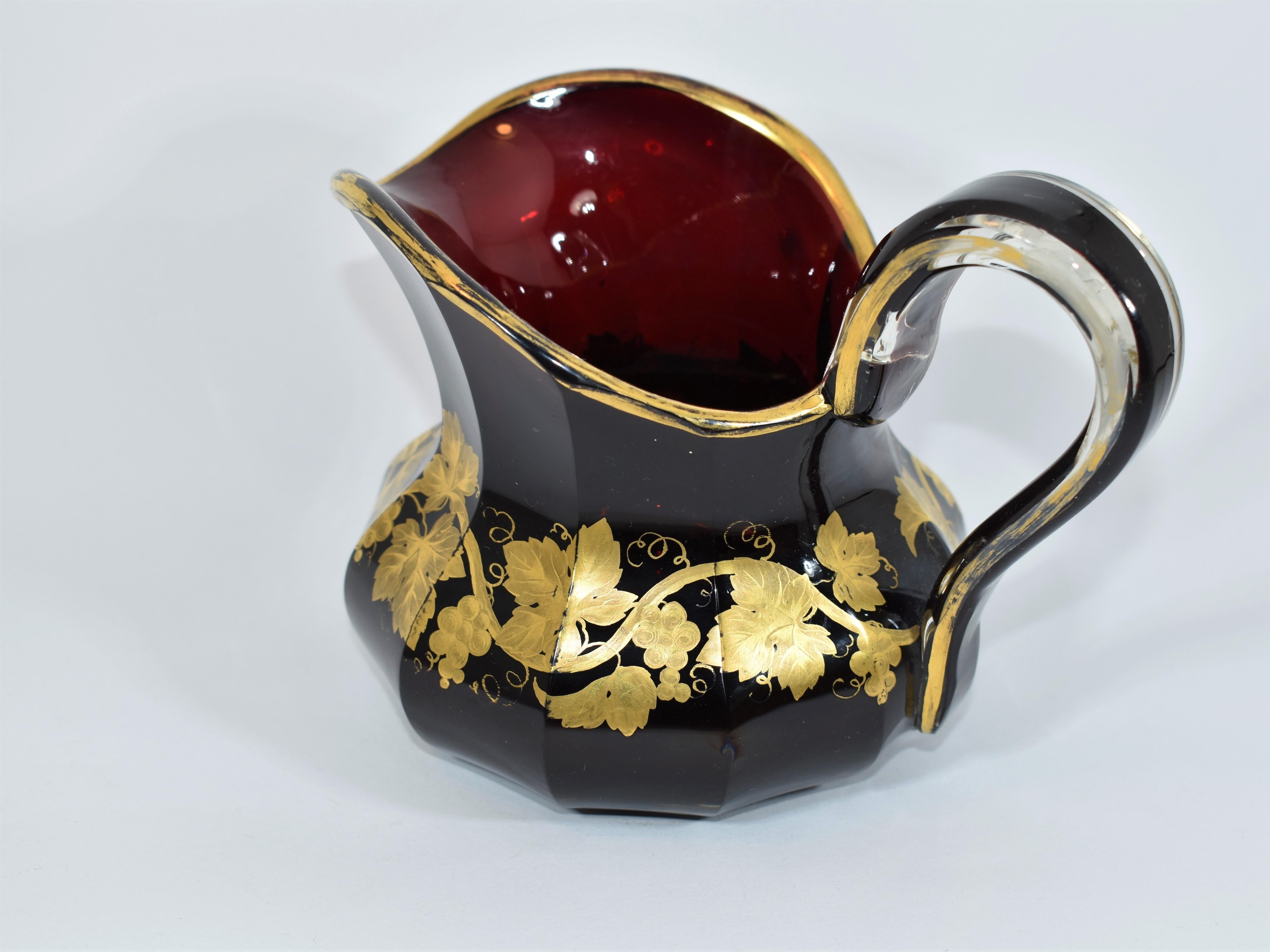 Antique Bohemian Ruby Red Gilded Glass Jug, Pitcher, 19th Century In Good Condition For Sale In Rostock, MV