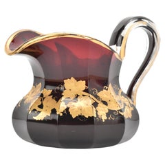Antique Bohemian Ruby Red Gilded Glass Jug, Pitcher, 19th Century