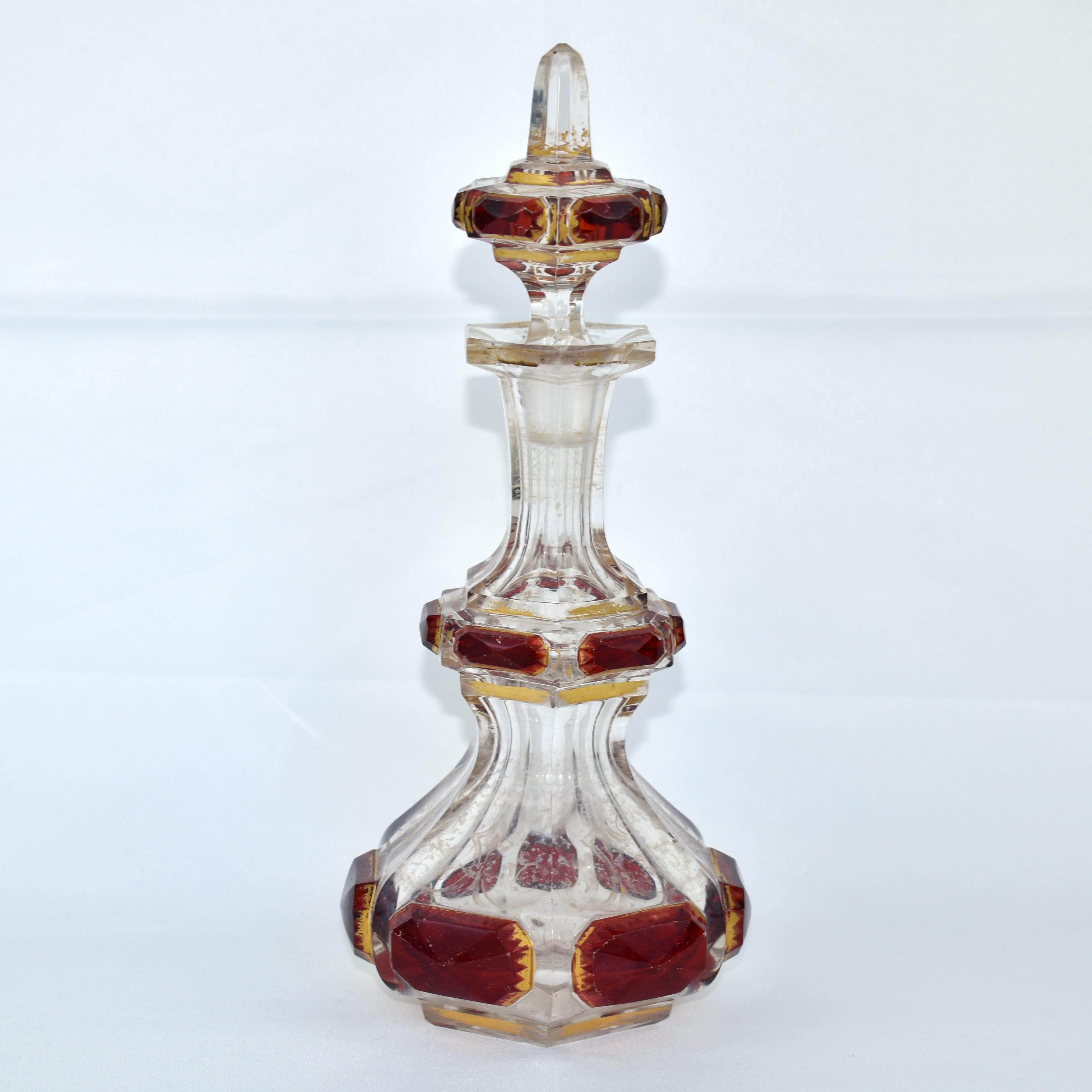 Gilt Antique Bohemian Ruby Red Moser Glass Perfume Bottle, Decanter, 19th Century For Sale