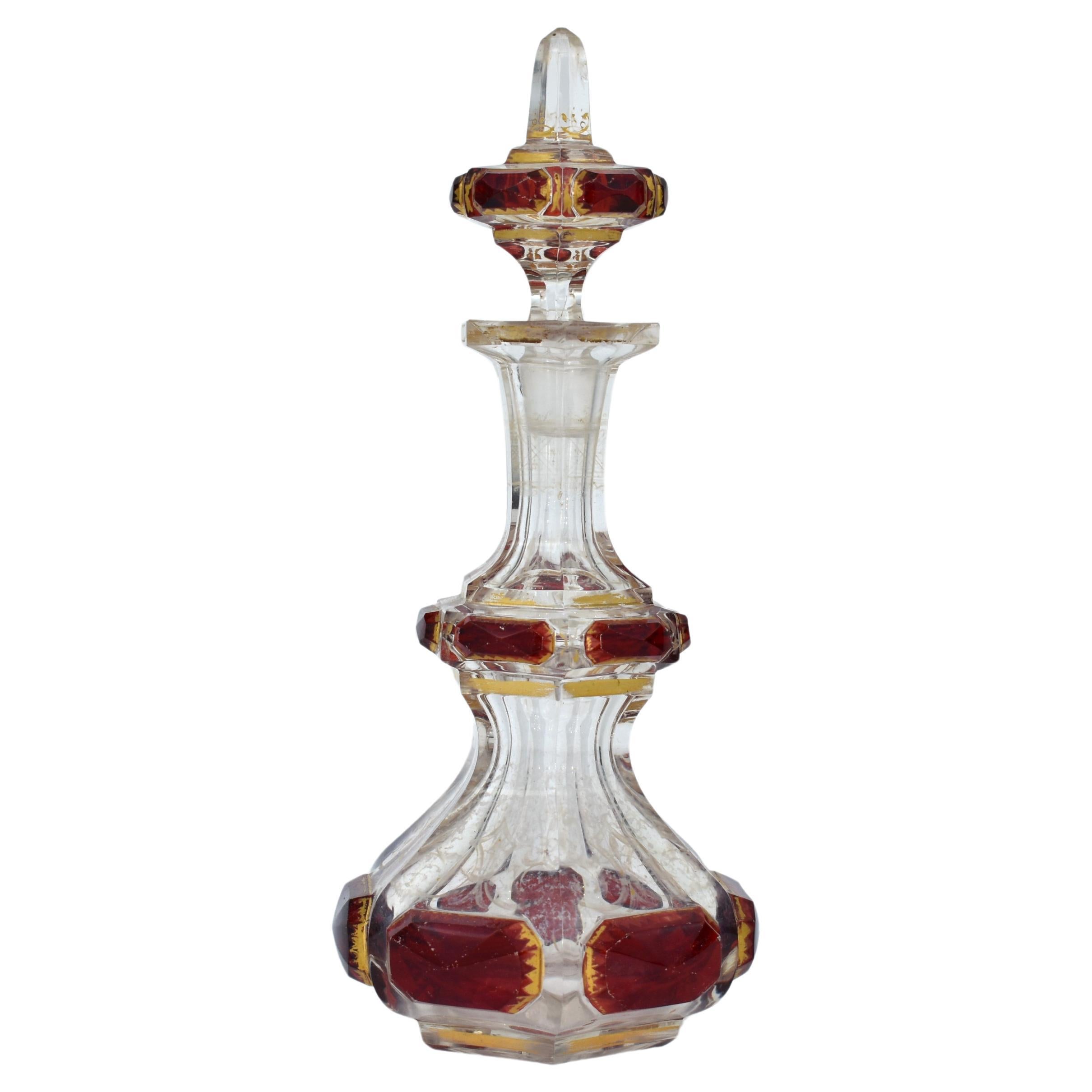 Antique Bohemian Ruby Red Moser Glass Perfume Bottle, Decanter, 19th Century