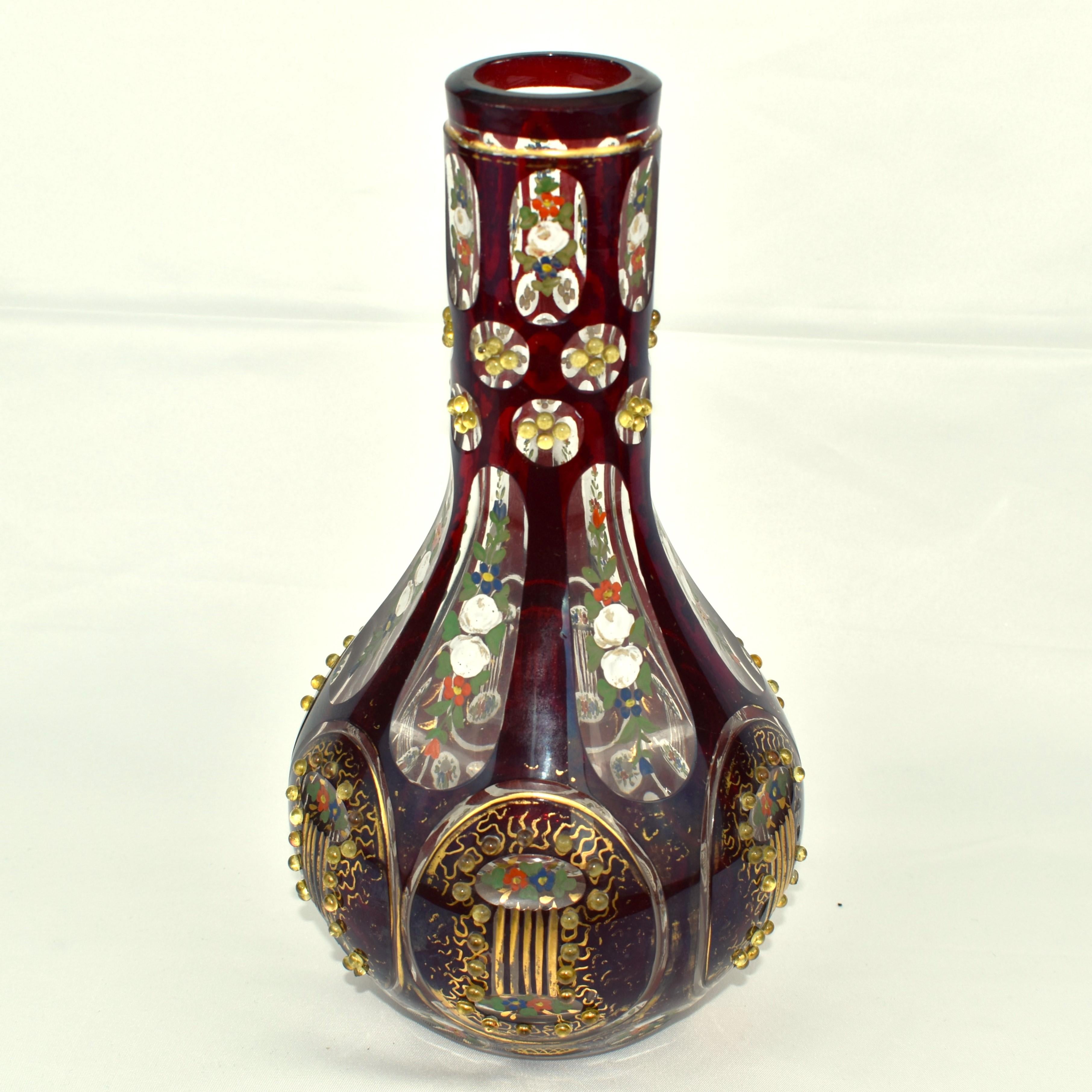 Enameled Antique Bohemian Ruby Red Overlay Glass Hookah Vase, 19th Century For Sale