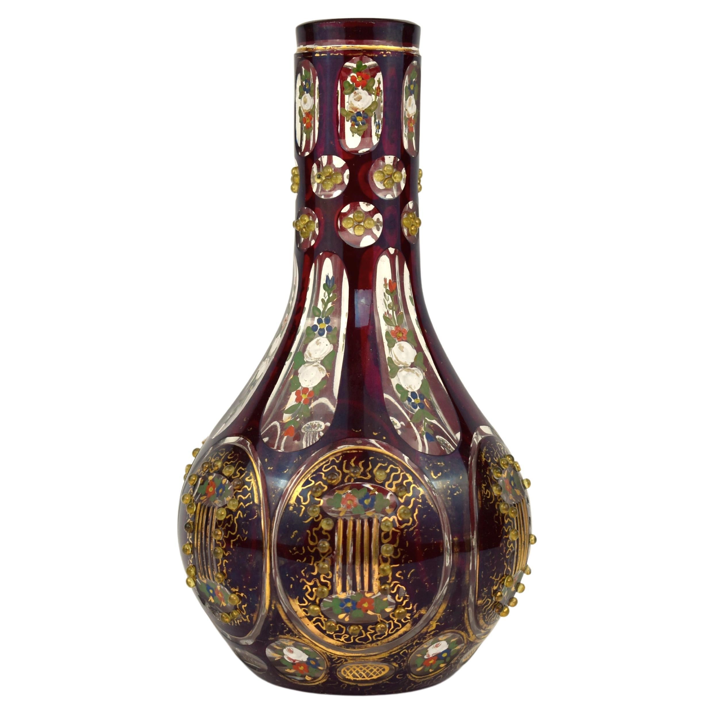 Antique Bohemian Ruby Red Overlay Glass Hookah Vase, 19th Century For Sale