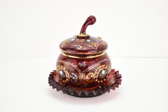 Antique Bohemian Ruby Red Overlay Glass Sugar Bowl Bonbonniere, 19th Century