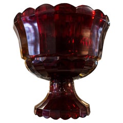 Antique Bohemian Scalloped Ruby Deep Red Crystal Footed Bowl