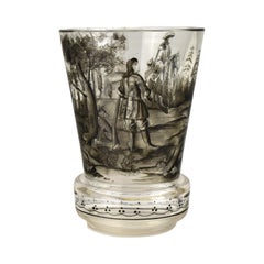 Antique Bohemian Schwarzlot Glass Beaker, Josef Lenhardt, c.1900 Hunting Scene