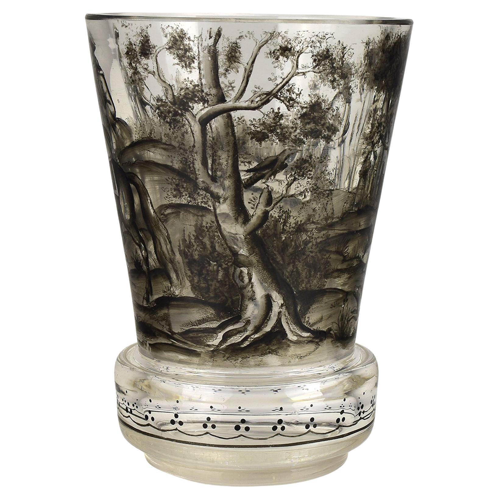 Antico Bicchiere in vetro Schwarzlot boemo, Josef Lenhardt, c.1900 Scena di caccia