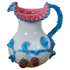 Antique Bohemian Uranium Custard Glass Ruffled Clambroth Cherry Pitcher 9"