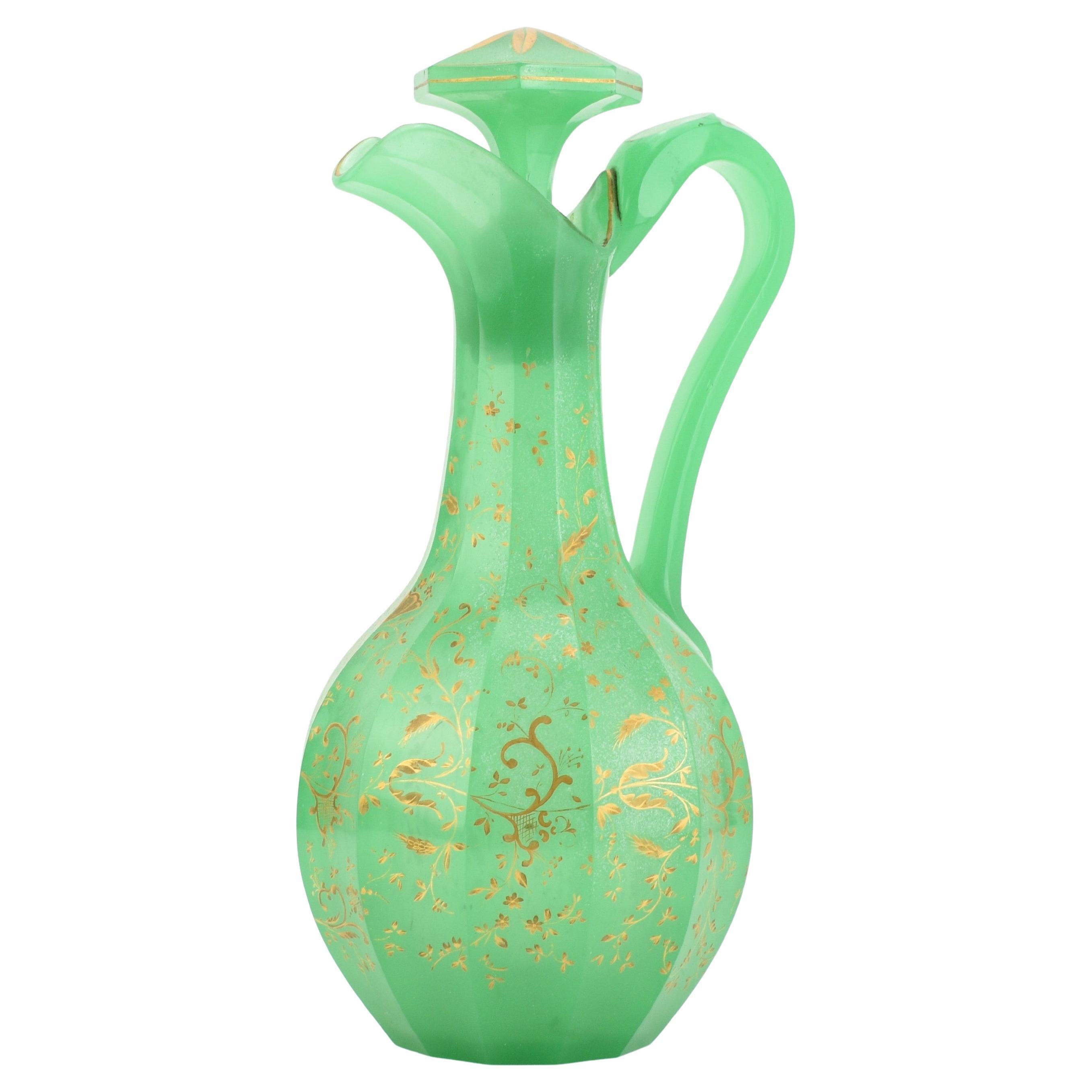 Antique Bohemian Uranium Green Opaline Glass Jug, Pitcher, 19th Century