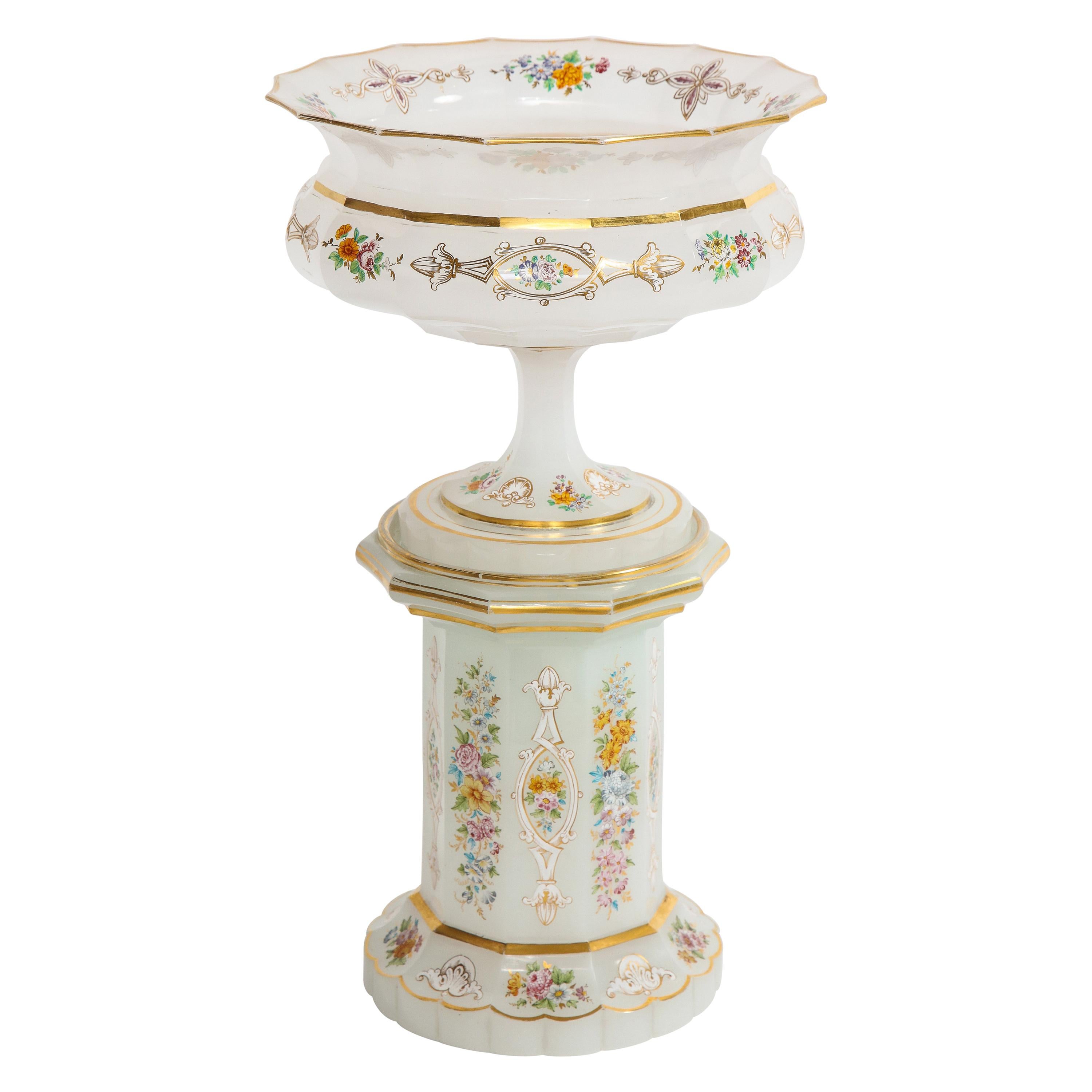 Antique Bohemian White Opaline Centerpiece Resting on a White Opaline Plinth For Sale