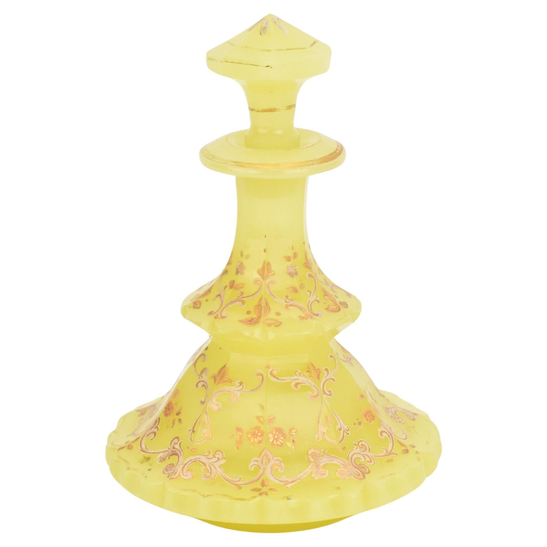 Biedermeier Antique Bohemian Yellow Enamelled Opaline Uranium Glass Perfume Bottle, 19th C