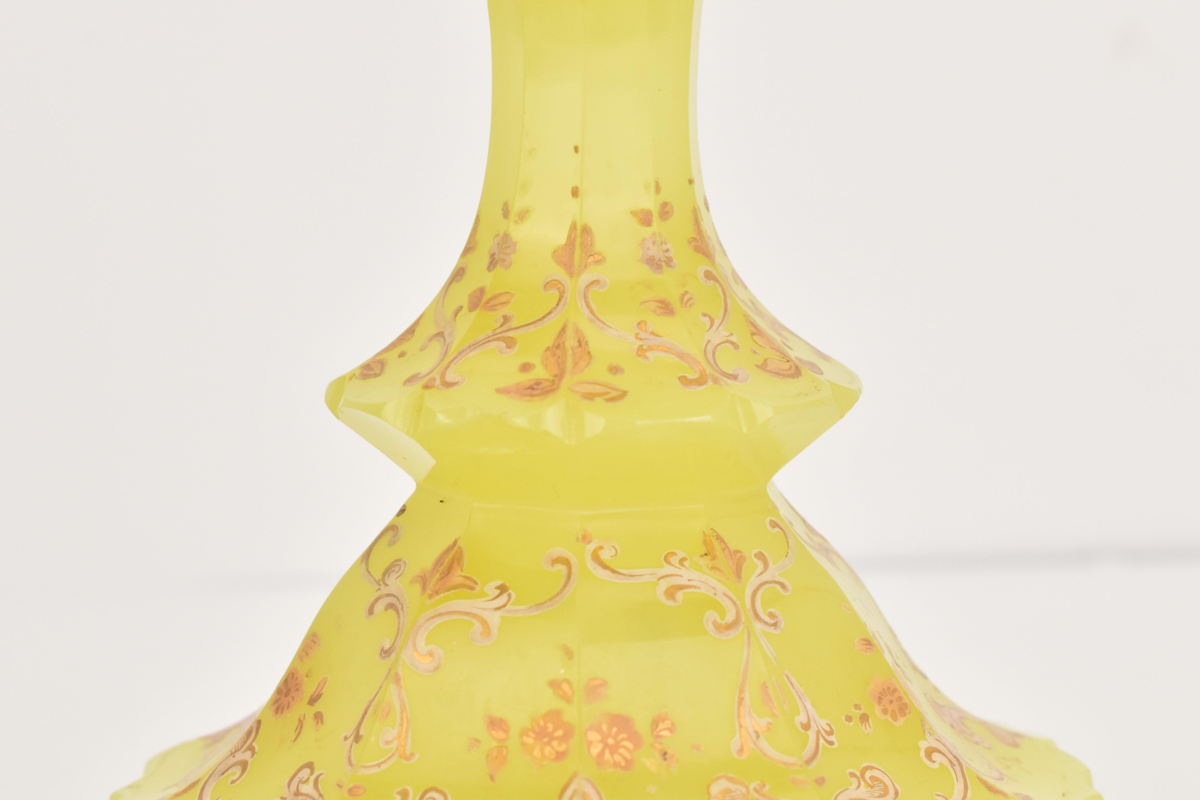 Antique Bohemian Yellow Enamelled Opaline Uranium Glass Perfume Bottle, 19th C 1