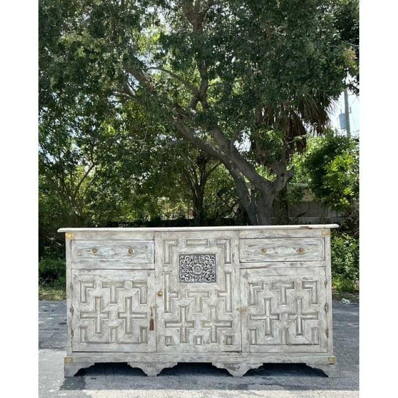 Antique Boho 19th Century Carved Tall Credenza In Good Condition For Sale In west palm beach, FL