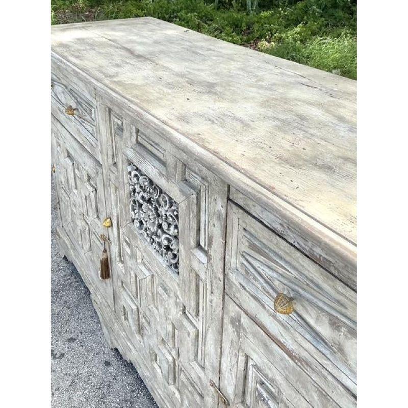 Brass Antique Boho 19th Century Carved Tall Credenza For Sale