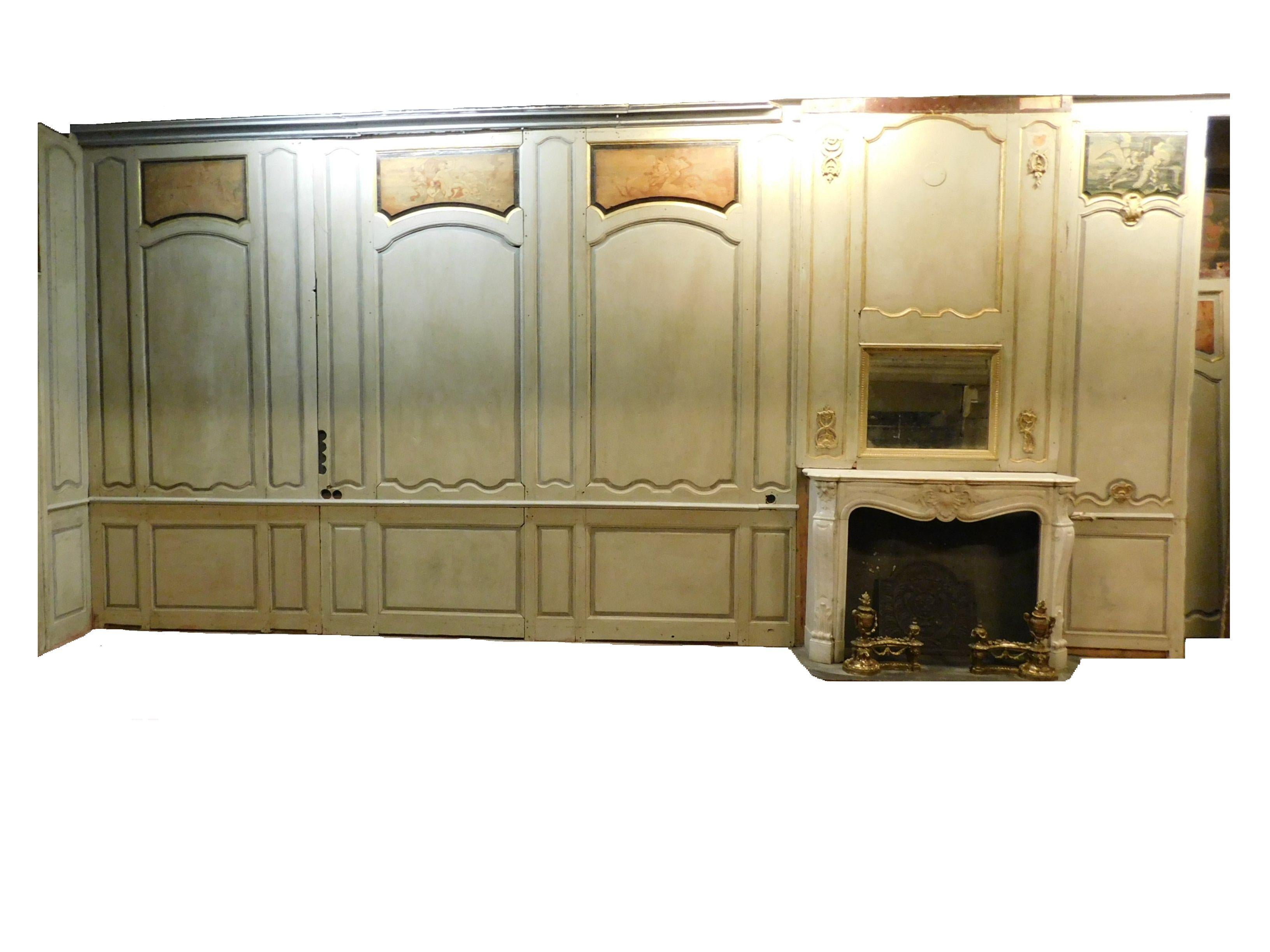 Antique Boiserie in Gray-Green Lacquered Wood, Gilded Friezes, 1700 Paris