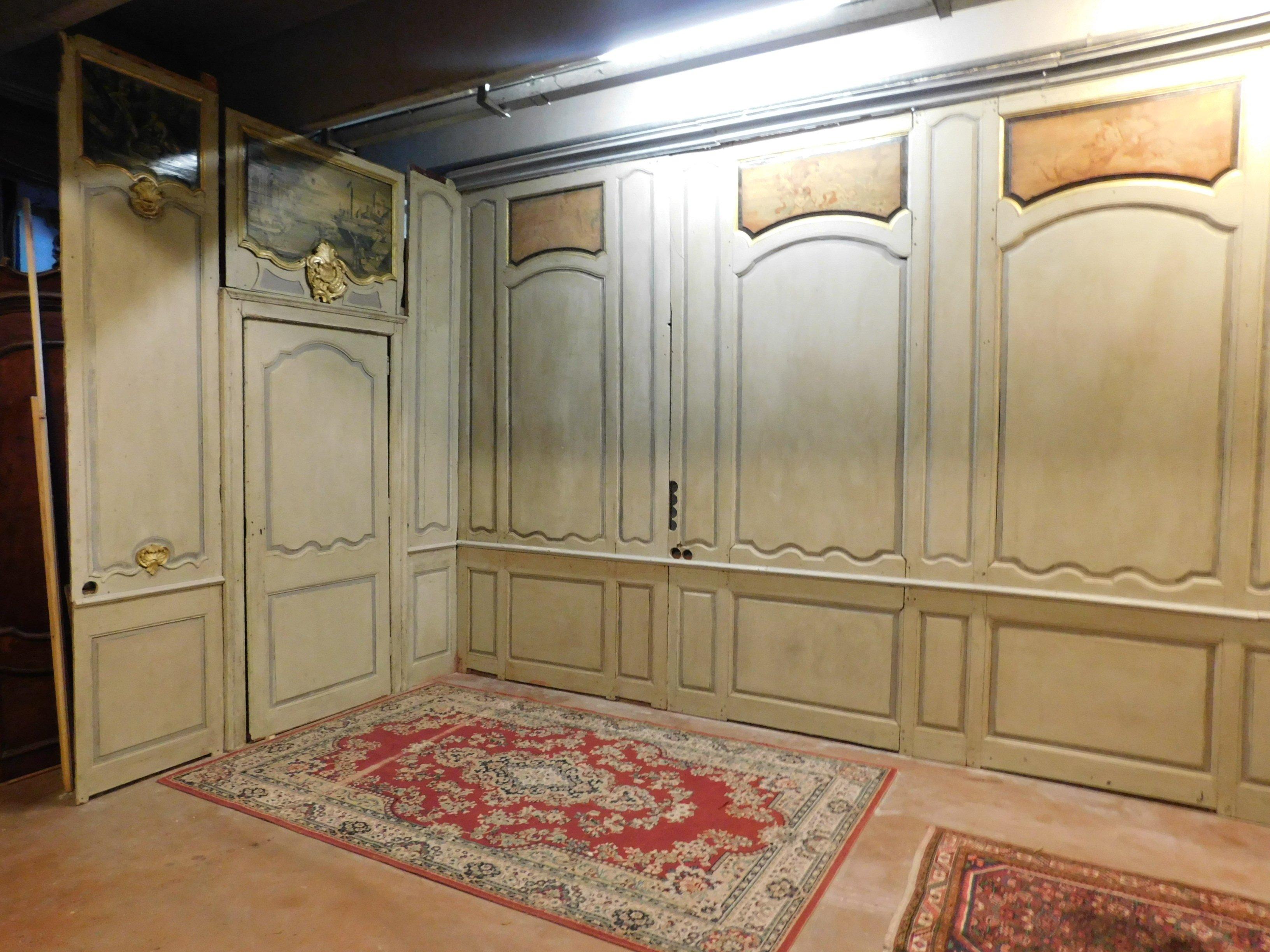 Hand-Painted Antique Boiserie in Gray-Green Lacquered Wood, Gilded Friezes, 1700 Paris For Sale