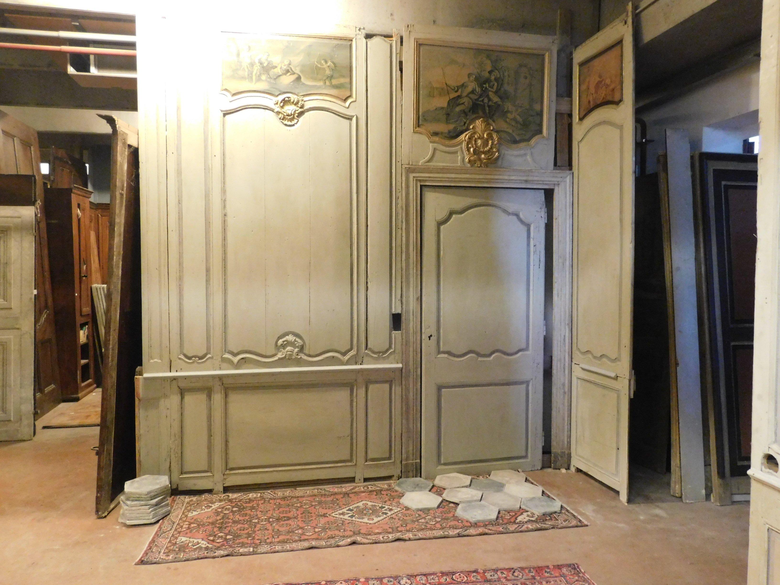 Antique Boiserie in Gray-Green Lacquered Wood, Gilded Friezes, 1700 Paris In Good Condition For Sale In Cuneo, Italy (CN)