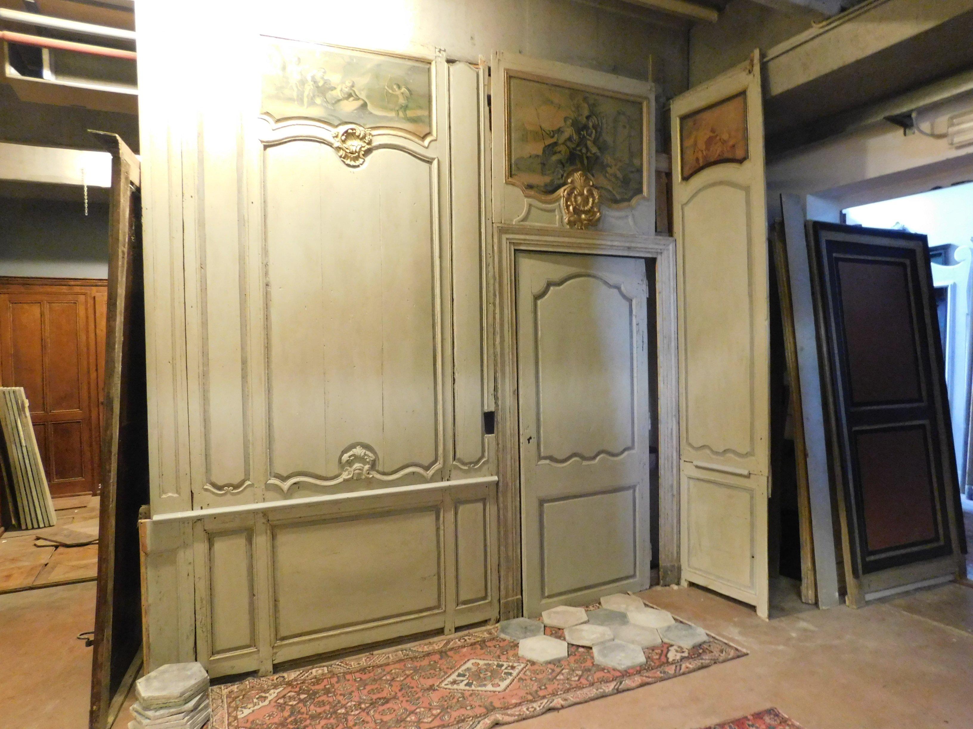 18th Century Antique Boiserie in Gray-Green Lacquered Wood, Gilded Friezes, 1700 Paris For Sale