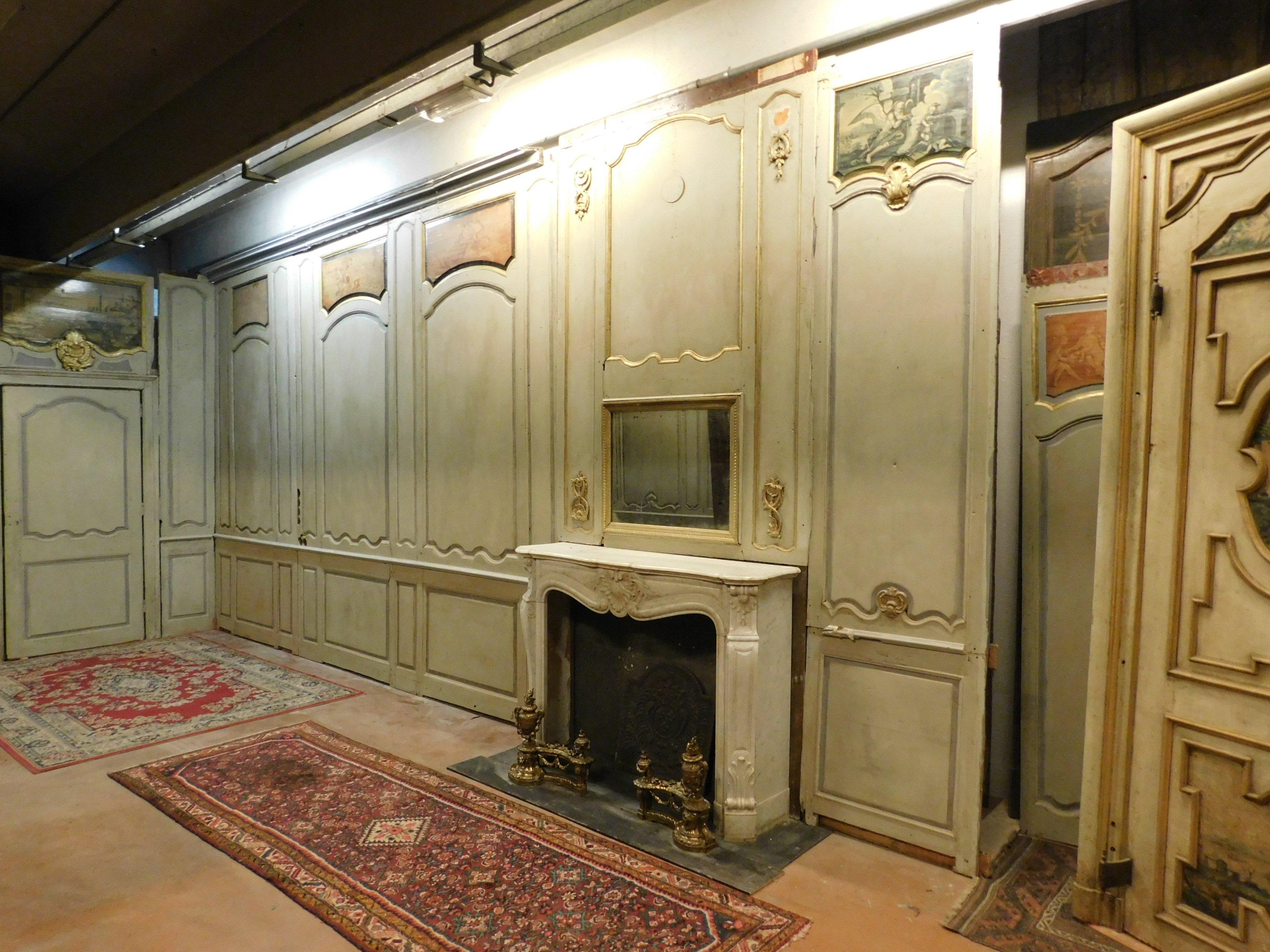 Antique Boiserie in Gray-Green Lacquered Wood, Gilded Friezes, 1700 Paris For Sale 3