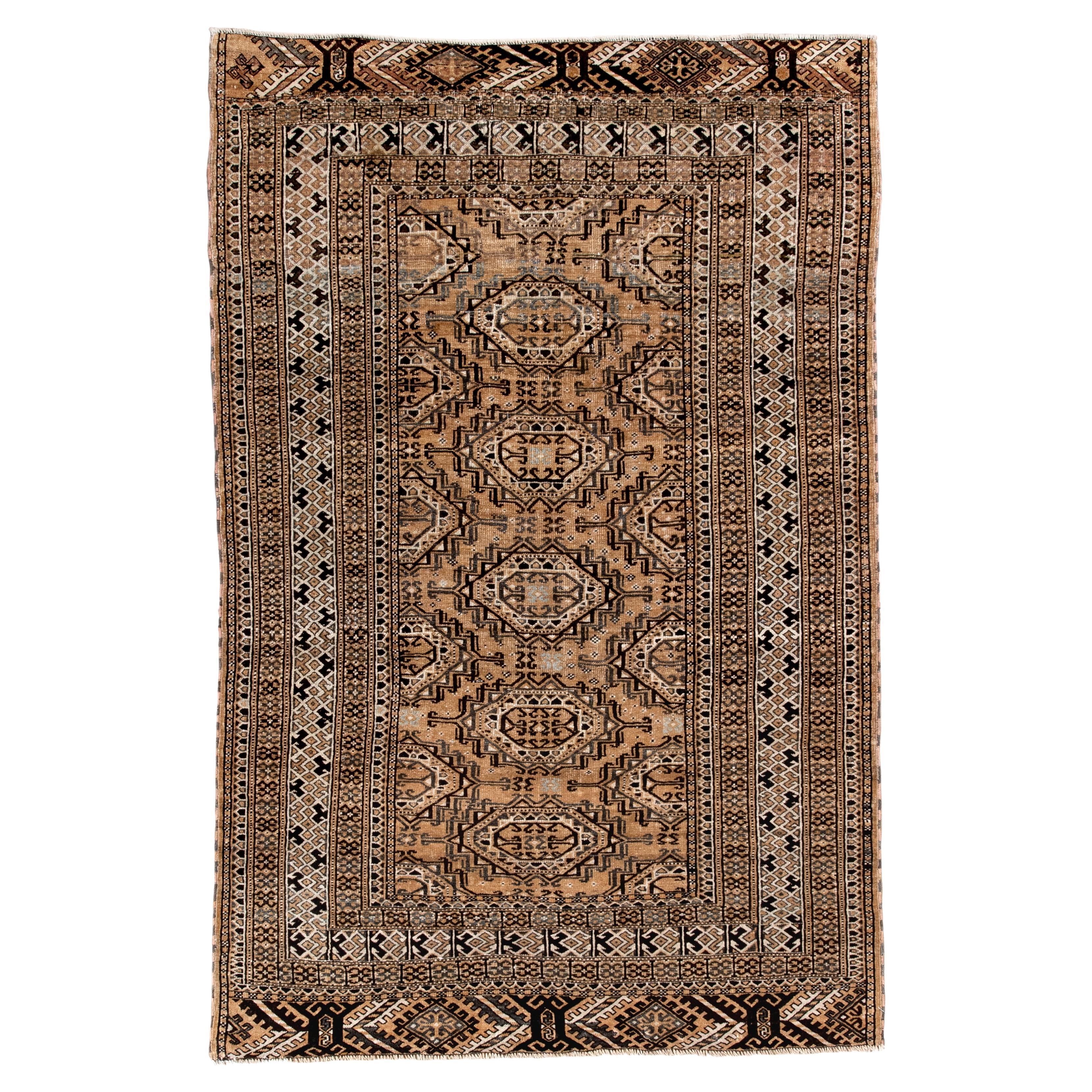 Antique Bokara Rug with Repeating Tribal Gül Pattern in Camel 
Espresso For Sale