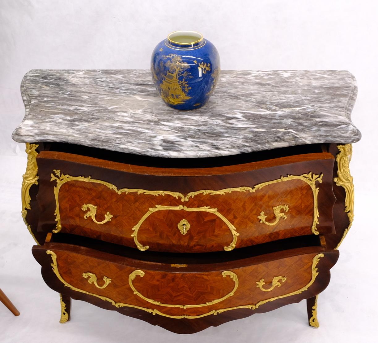 Antique Bombay Marquetry French Ormolu Mounted Louis XV Marble Top Commode In Excellent Condition In Rockaway, NJ