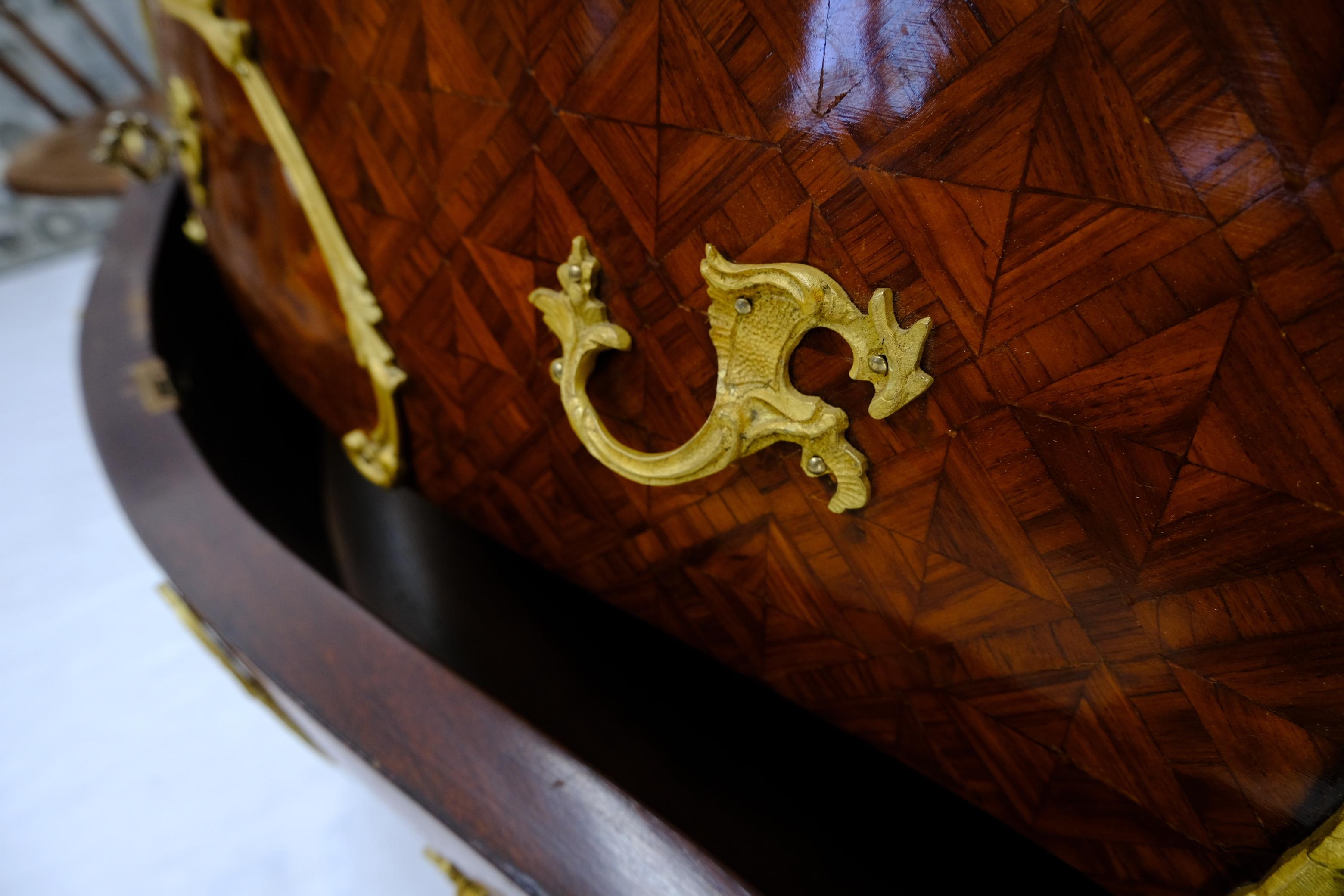 Antique Bombay Marquetry French Ormolu Mounted Louis XV Marble Top Commode 1