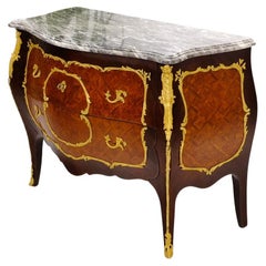 Antique Bombay Marquetry French Ormolu Mounted Louis XV Marble Top Commode