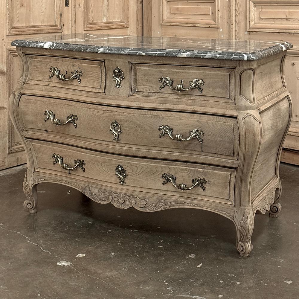Baroque Revival Antique Bombe Marble Top Commode in Stripped Oak For Sale
