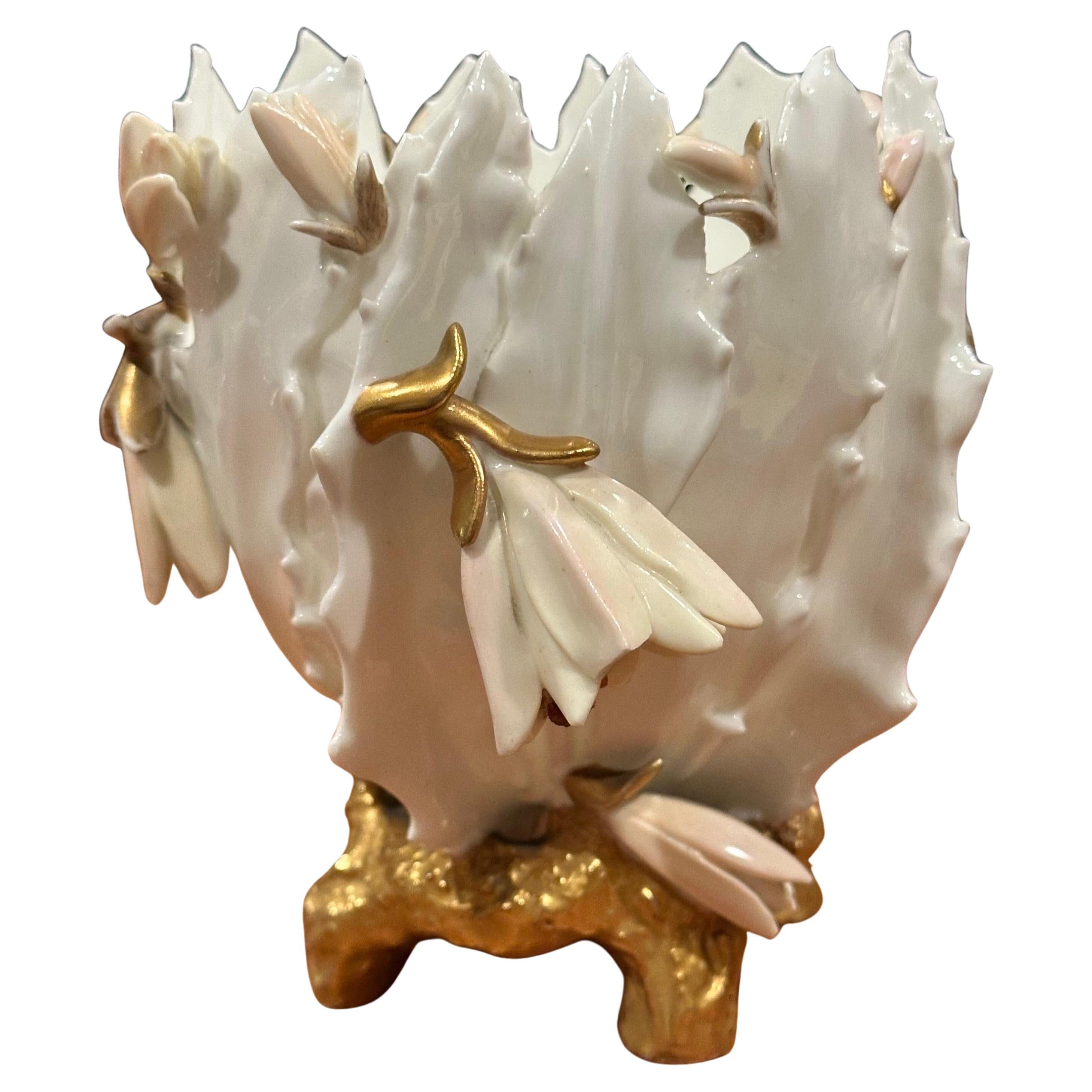 Antique Bone China with Enamel "Cactus" Flower Footed Vase by Moore Brothers For Sale