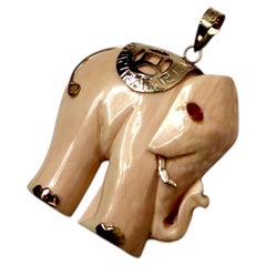 Antique Bone Elephant Pendant With Ruby & 14k Gold Accents
