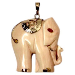 Antique Bone Elephant Pendant With Ruby & 14k Gold Accents