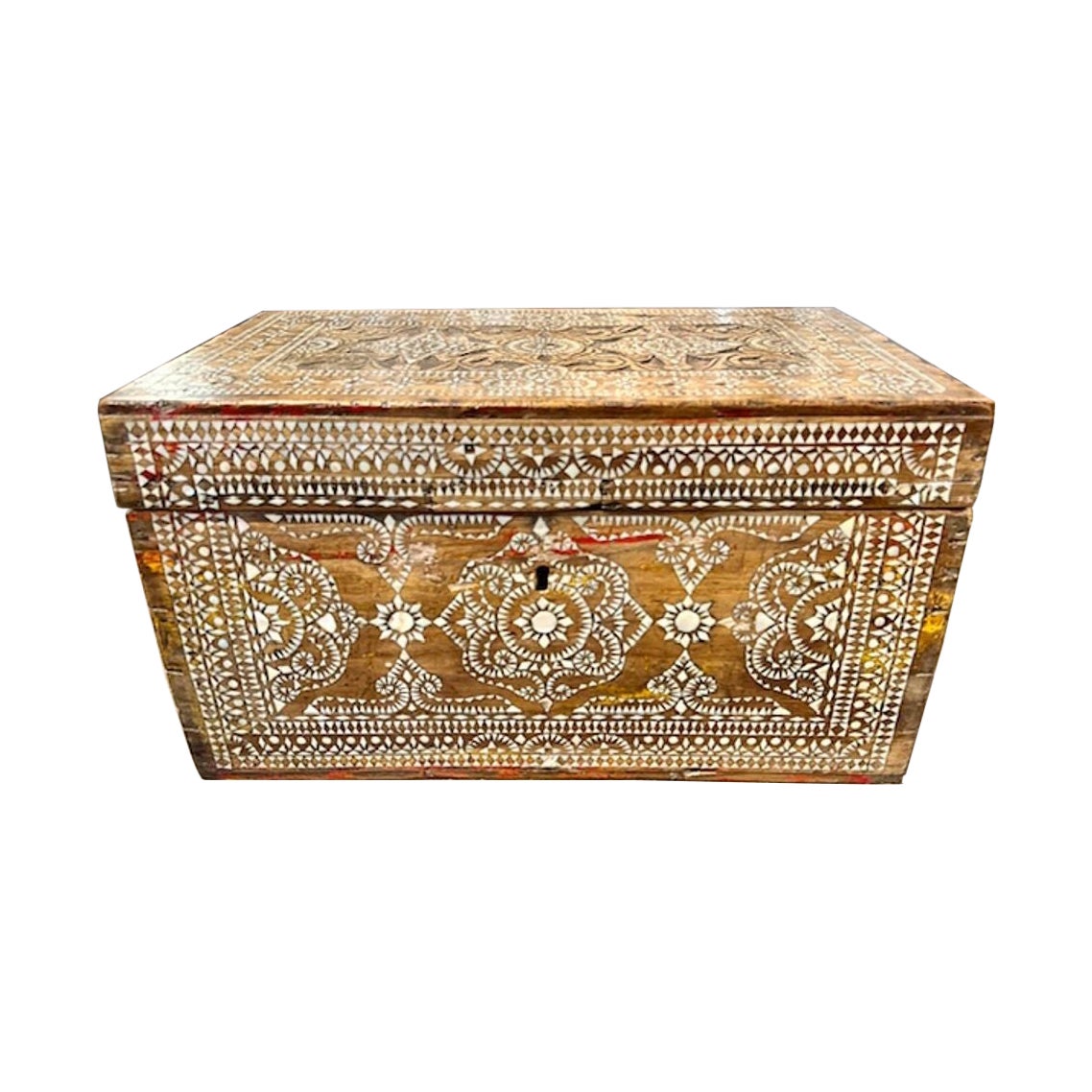 Antique Bone Inlaid Chest on Iron Base