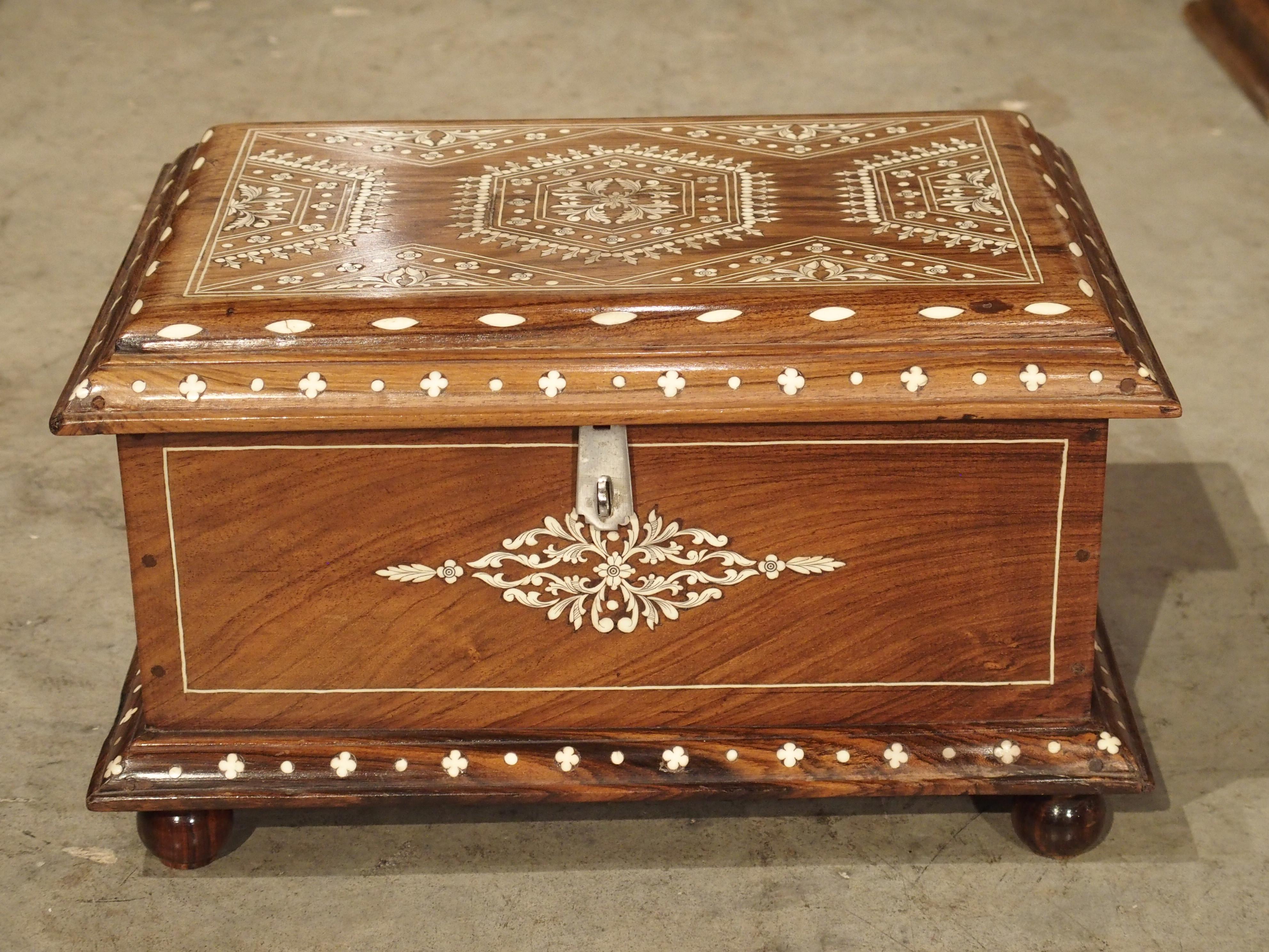 Hand-Carved Antique Bone Inlaid Table Trunk from Southern Iberia, 19th Century