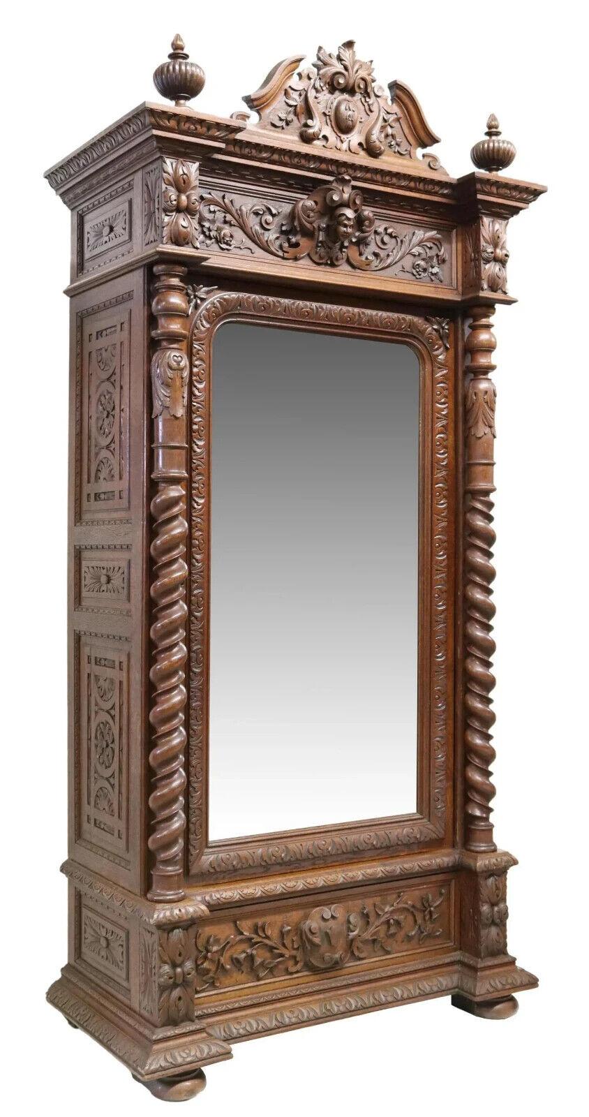 Outstanding Antique Bonnetiere, French Henri II Style, Carved Oak, Crest, Foliates,  1800's, 19th Century!

French Henri II style oak Bonnetiere, 19th c., the whole carved in foliates throughout, having pediment crest, flanked by gadrooned finials,