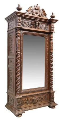 Antique Bonnetiere, French Henri II Style, Carved Oak, Crest, Foliates, 1800's!