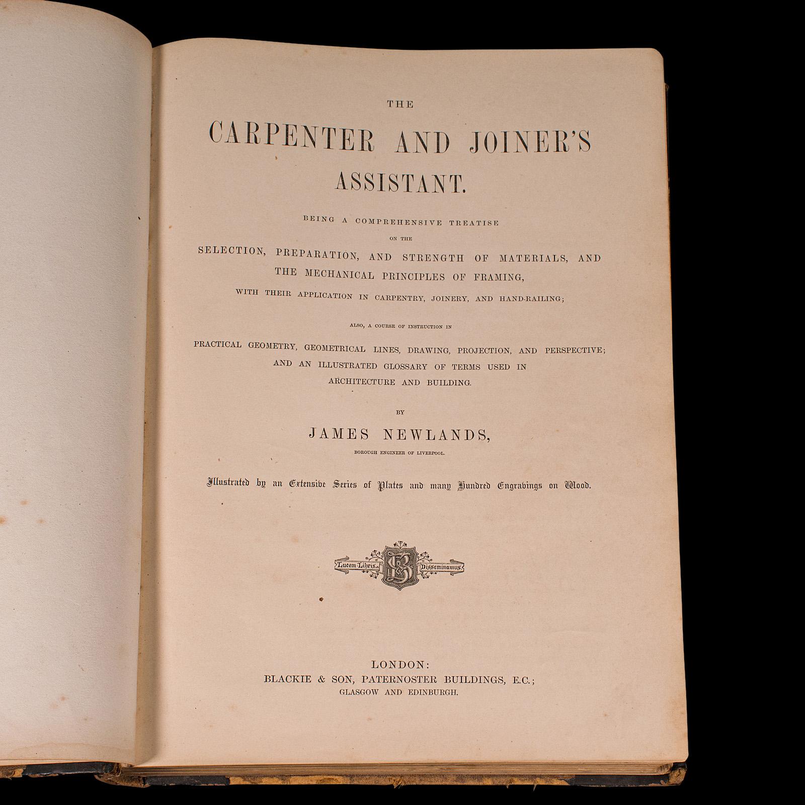 19th Century Antique Book, Carpenter and Joiner's Assistant, Architecture, Design, Victorian For Sale