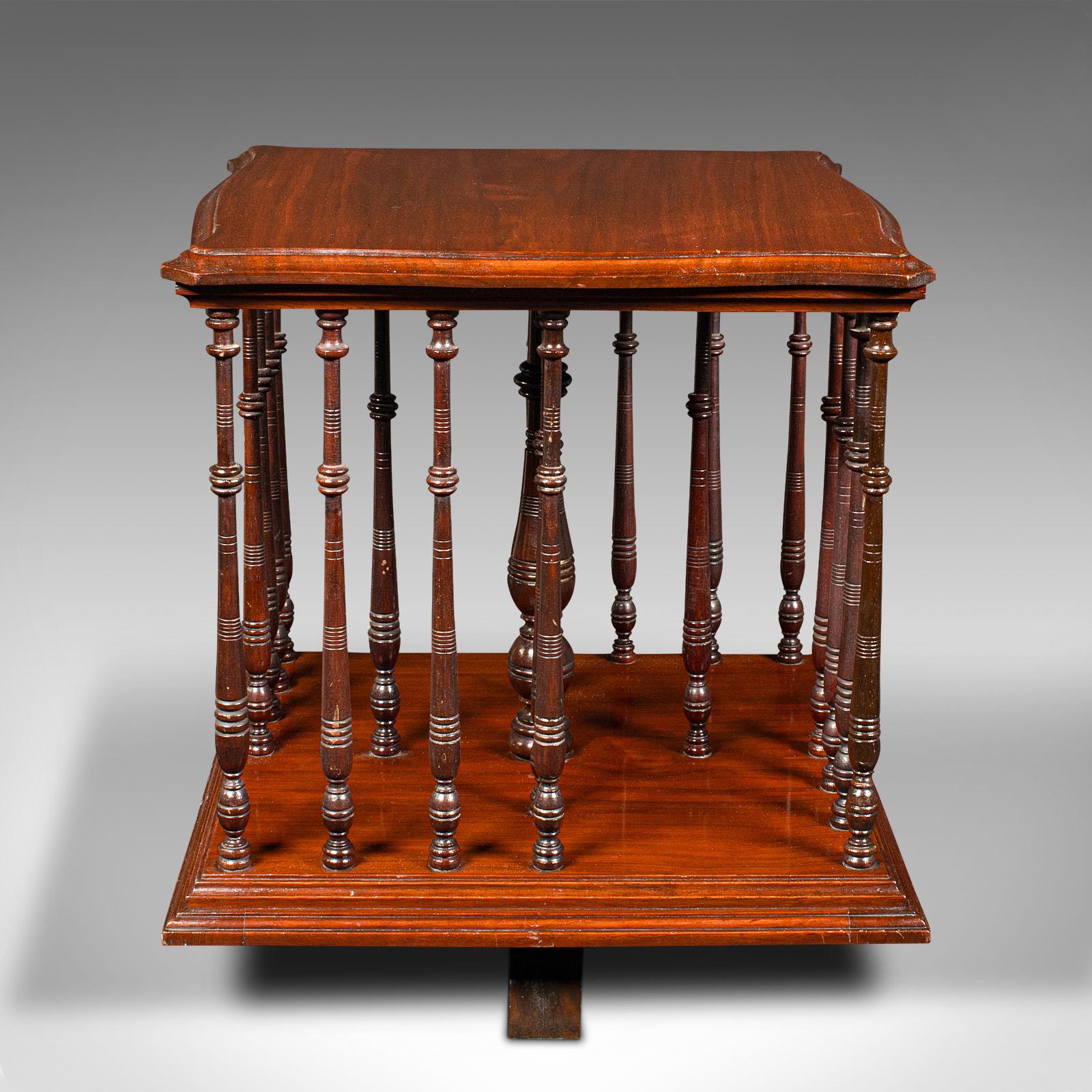 This is an antique book companion. An English, walnut rotary bookstand, dating to the Edwardian period, circa 1910.

Beautifully crafted stand with skilfully turned detail
Displays a desirable aged patina and in good order
Select walnut stocks
