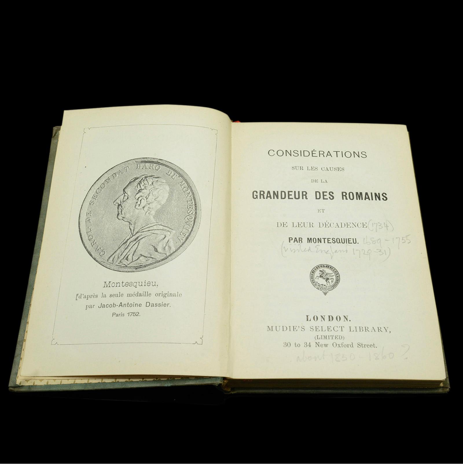 Paper Antique Book Grandeur Des Romains, Montesquieu, French Language, Mid Victorian For Sale