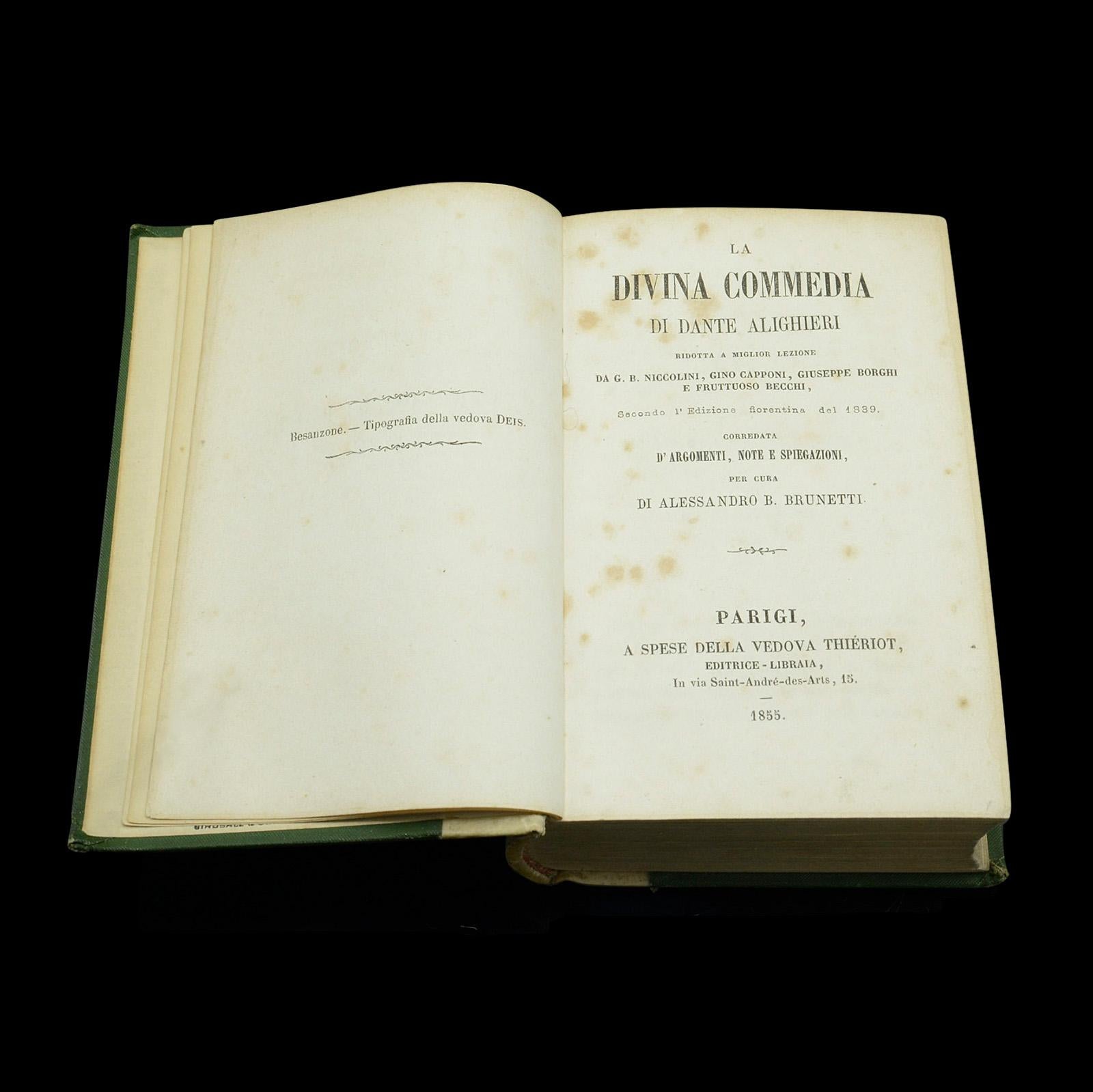 19th Century Antique Book La Divina Commedia, Italian Language, Dante, Divine Comedy, 1855 For Sale